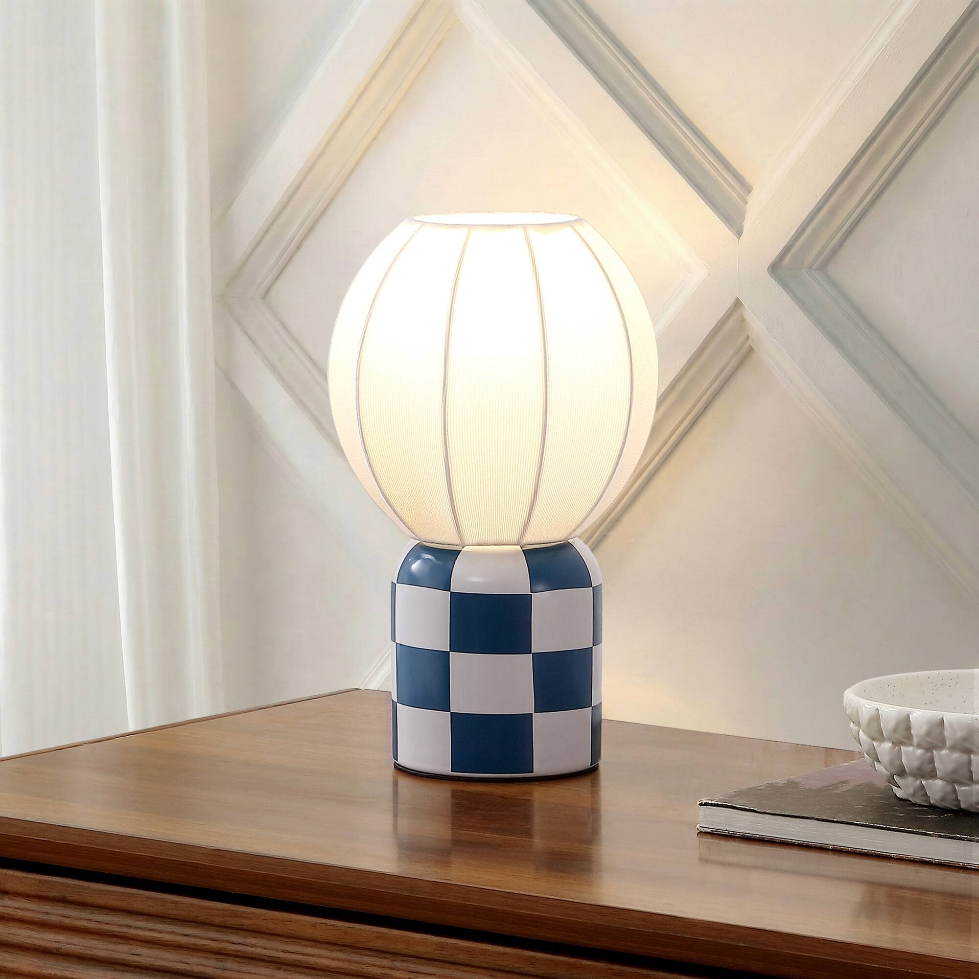 Alt View 1. Jonathan Y - Valarie 10.3 in. Contemporary Modern Checkerboard Ceramic with Ribbed Cocoon Globe Shade LED Mini Table Lamp, Navy/White - Navy/White.