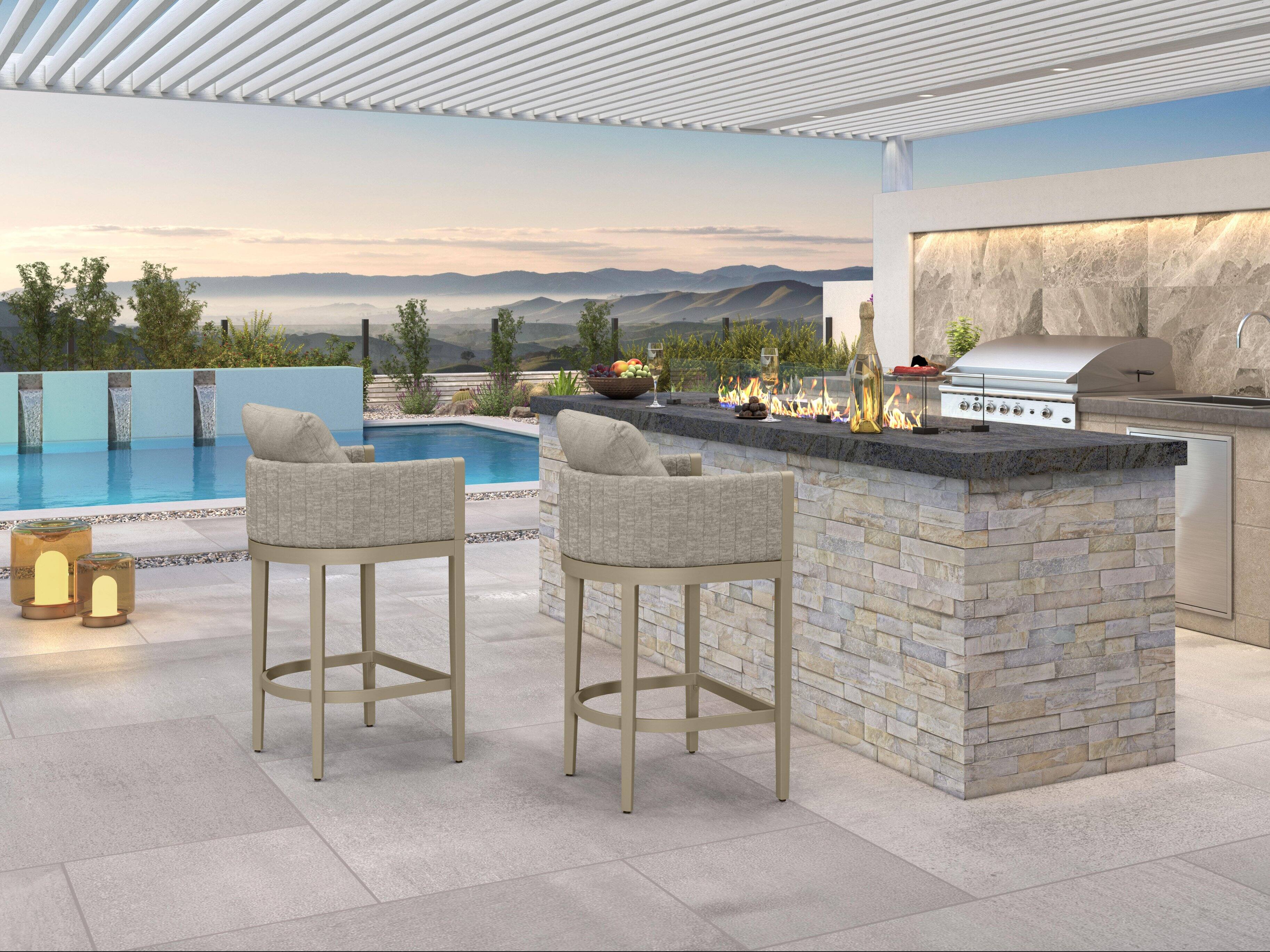 Alt View 2. PURPLE LEAF - Outdoor Bar Height Stool Set of 2 Aluminum Modern Olefin Barstools with Backrest Pillow for Garden Balcony Lawn - Champagne & Square Base-Bar Stool.