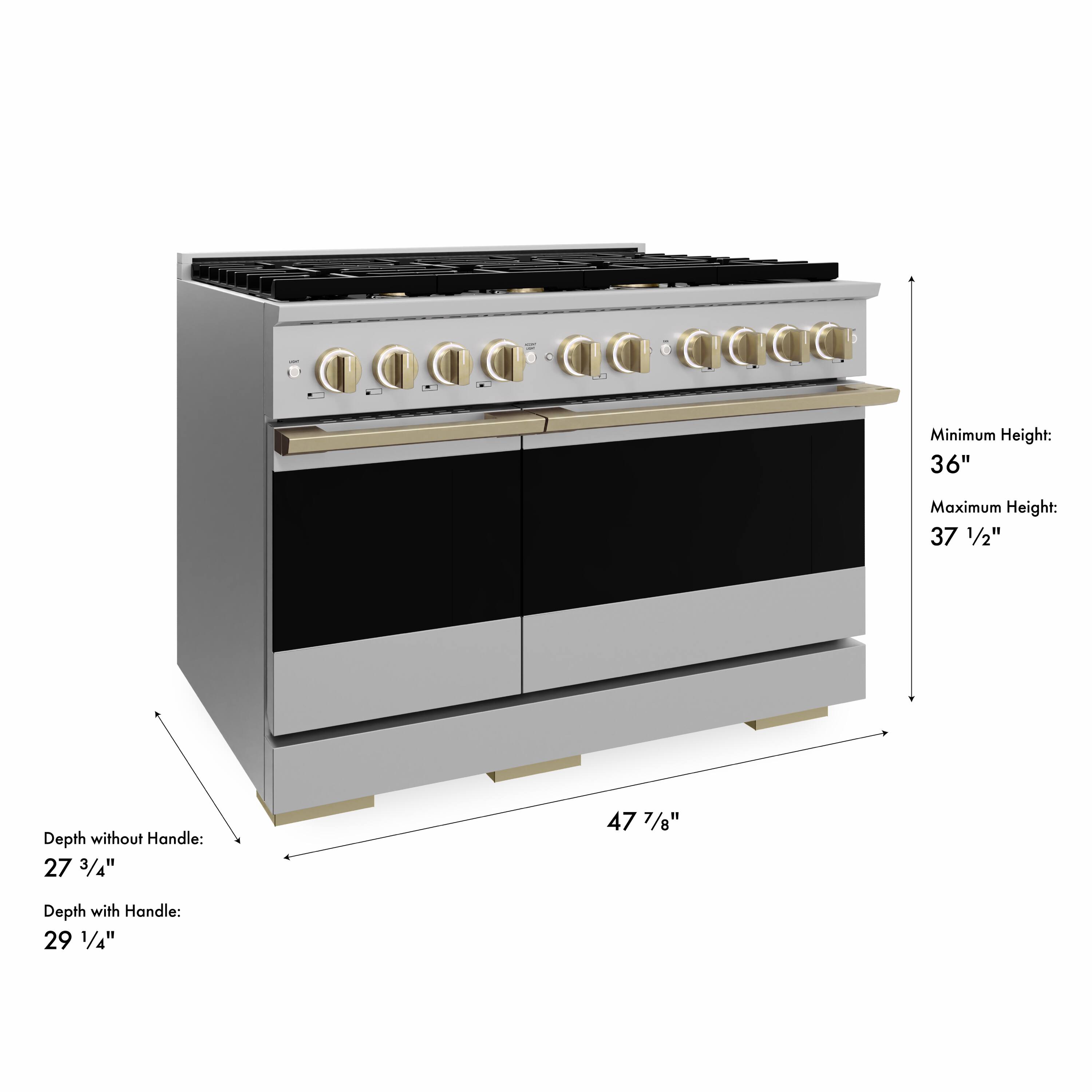 Minimum Height: 36"  
Maximum Height: 37 1/2"  
Depth without Handle: 27 3/4"  
Depth with Handle: 29 1/4"