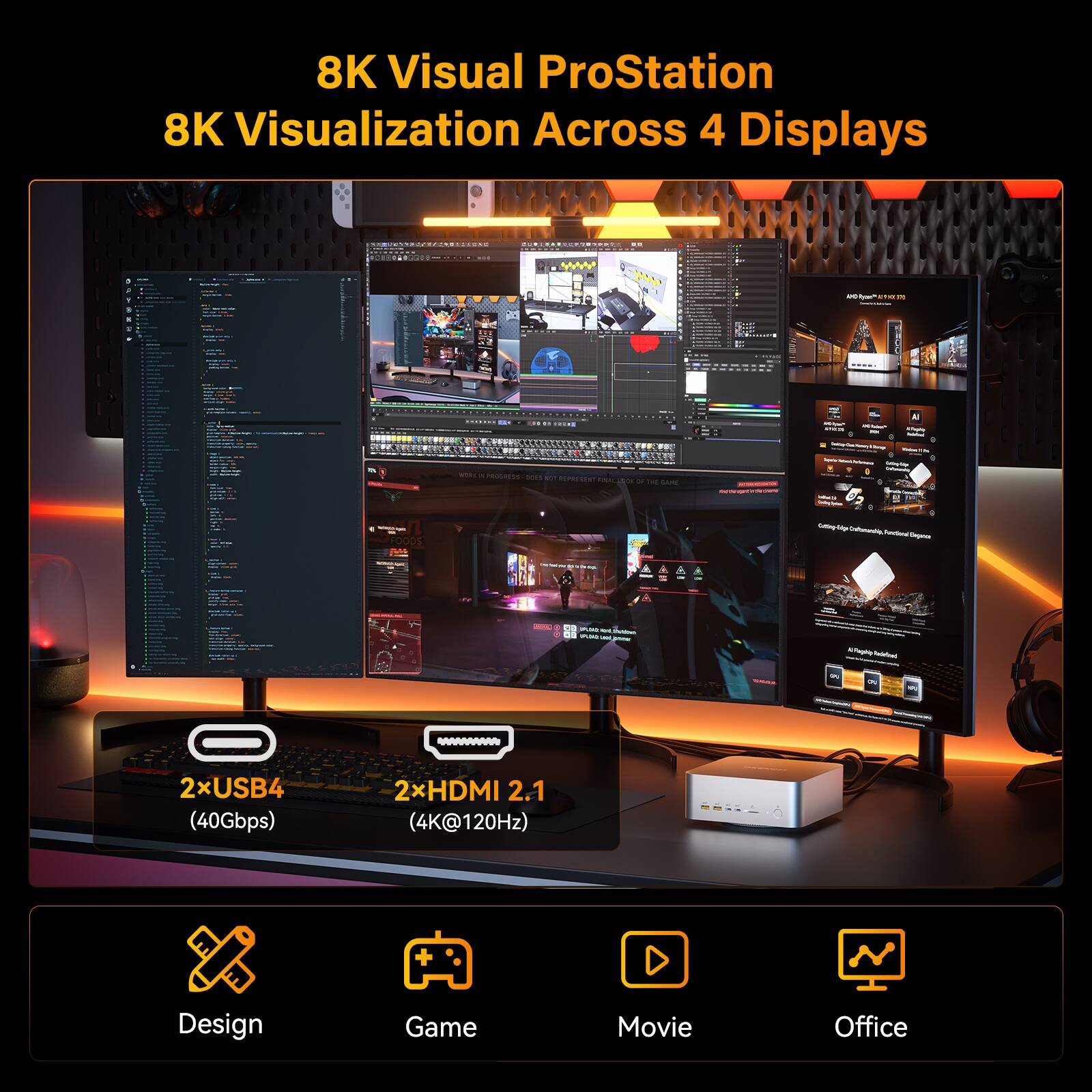 8K Visual ProStation  
8K Visualization Across 4 Displays

2xUSB4 (40Gbps)  
2xHDMI 2.1 (4K@120Hz)

Design  
Game  
Movie  
Office