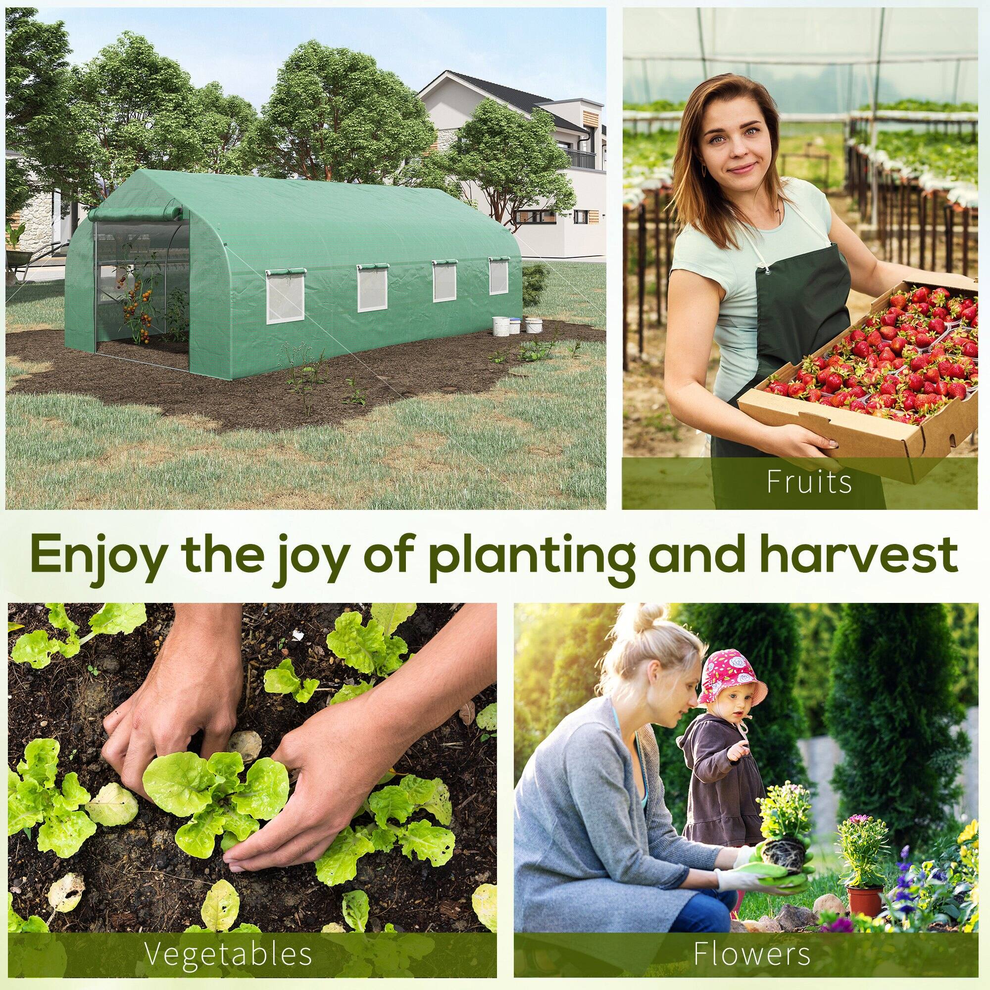 Angle. TinyHomie - 20 x 10 x 7FT Walk-in Tunnel Greenhouse with Zippered Mesh Door and 8 Mesh Windows Galvanized Steel Hoops Green.