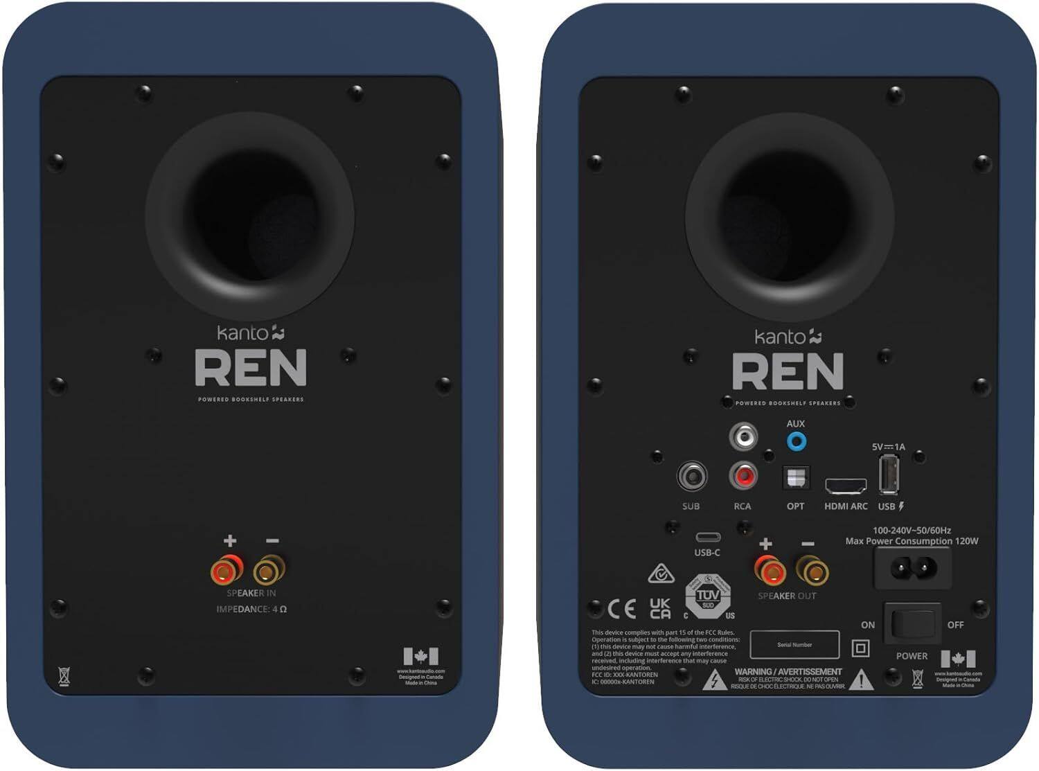 kanto REN POWERED BOOKSHELF SPEAKERS

SPEAKER IN IMPEDANCE: 4 Ω

AUX
RCA
OPT
HDMI ARC
USB
USB-C

100-240V~50/60Hz
Max Power Consumption 120W

SPEAKER OUT

ON/OFF

This device complies with part 15 of the FCC Rules. Operation is subject to the following two conditions:
(1) This device may not cause harmful interference.
(2) This device must accept any interference received, including interference that may cause undesired operation.

WARNING/AVERTISSEMENT
RISK OF ELECTRIC SHOCK. DO NOT OPEN.
REQUETE DE CHOIX ELECTRIQUE. NE PAS OUVRIR.

CE UK
TUV SUD
US

www.kantousa.com
Designed in Canada
Made in China

Serial Number

IC: 000000-KANTOREN