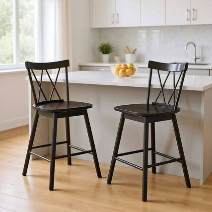 Front. Kadyn - Set of 2 24-Inch Windsor Bar Stools with Ergonomic Backrest and Footrest, Black - Black.