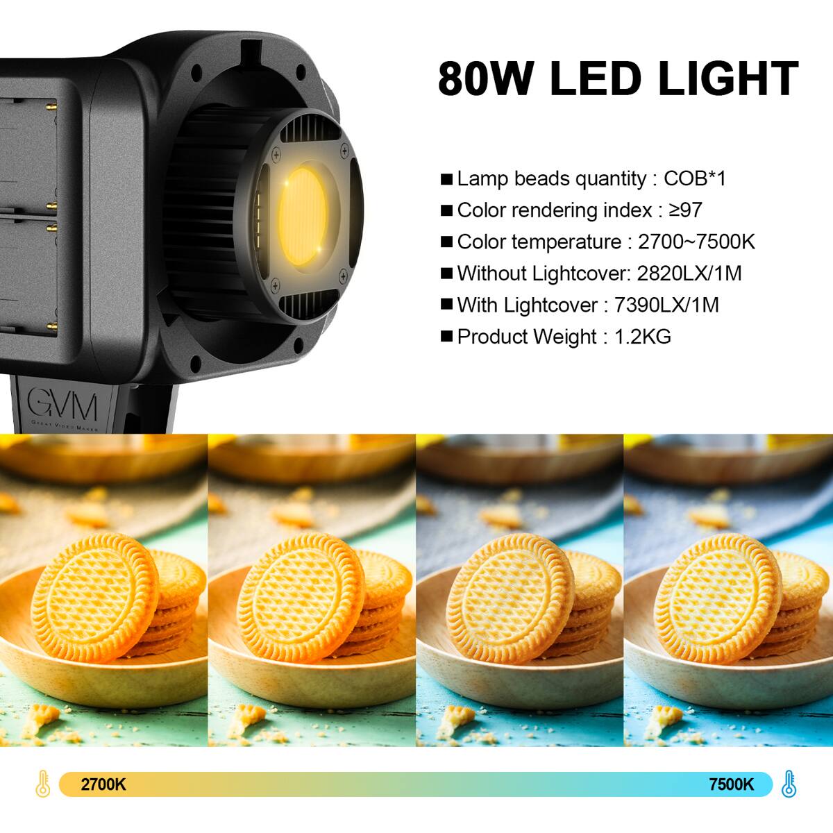 80W LED LIGHT

- Lamp beads quantity: COB*1
- Color rendering index: ≥97
- Color temperature: 2700~7500K
- Without Lightcover: 2820LX/1M
- With Lightcover: 7390LX/1M
- Product Weight: 1.2KG

2700K 7500K