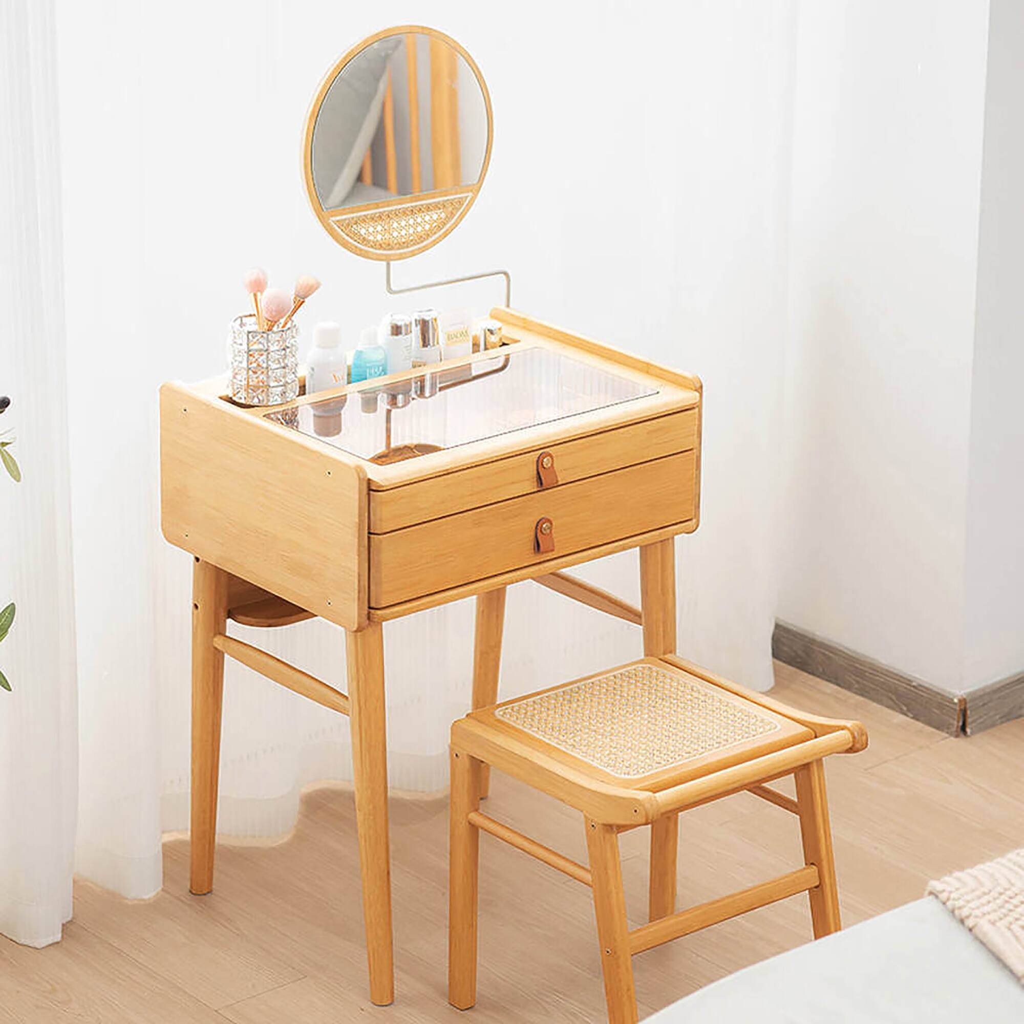 Alt View 5. Gymax - Gymax Vanity Table Set Bamboo Makeup Dressing Desk Stool Tempered Glass Tabletop - Natural.