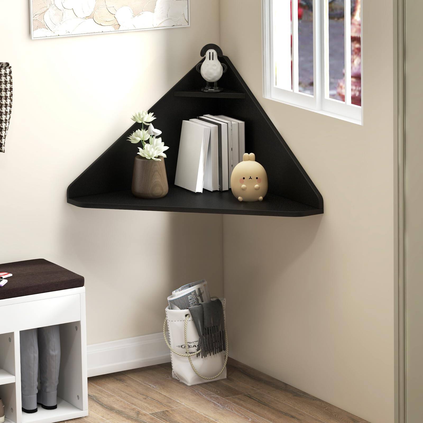 Alt View 8. Ecooso - Triangular Corner Computer Desk with Storage Shelf, Space-Saving Home Office Workstation - Black.