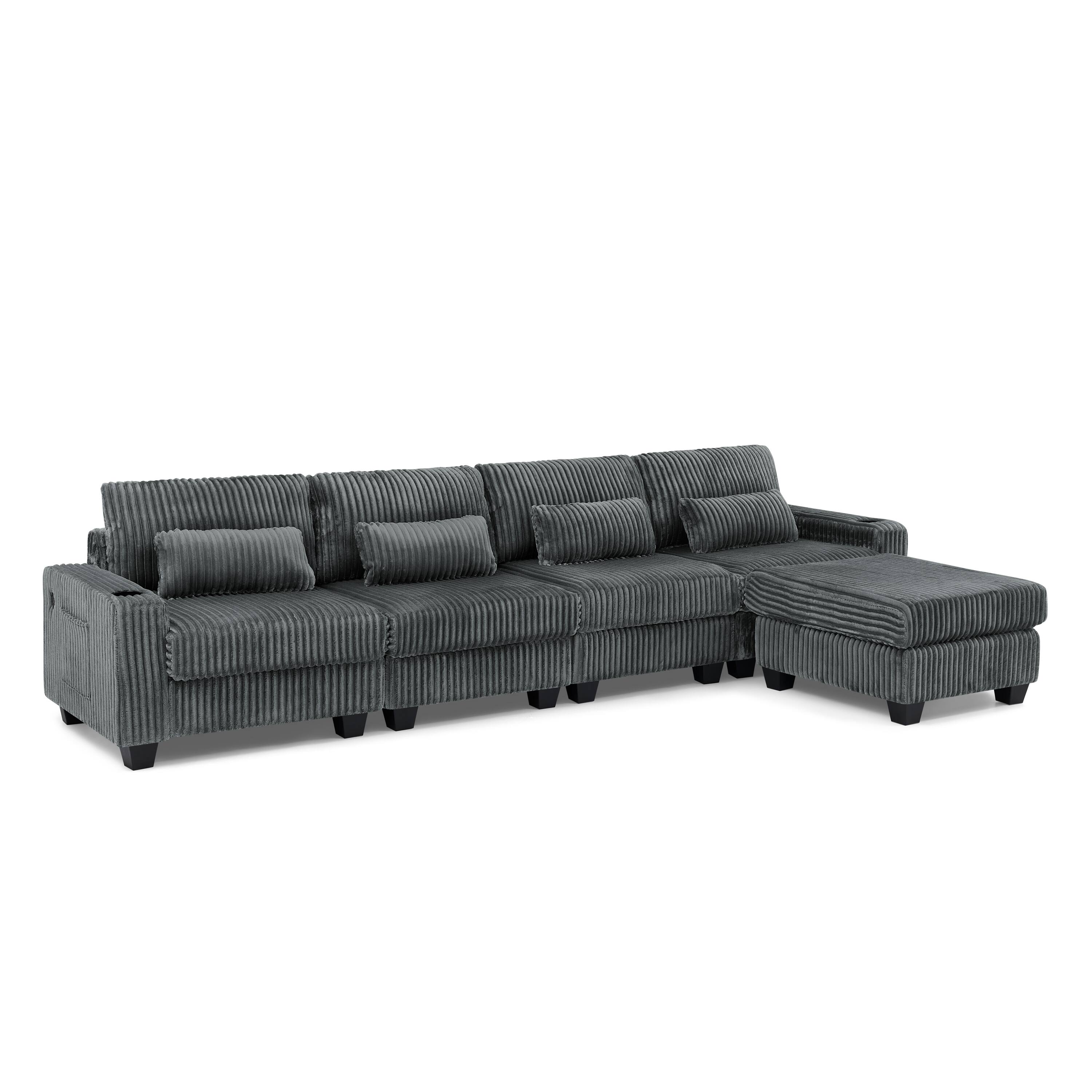 Left. Whisen - 4-Seater L-Shaped Modular Corduroy Sectional Sofa with Ottoman for Living Room - Dark Gray.