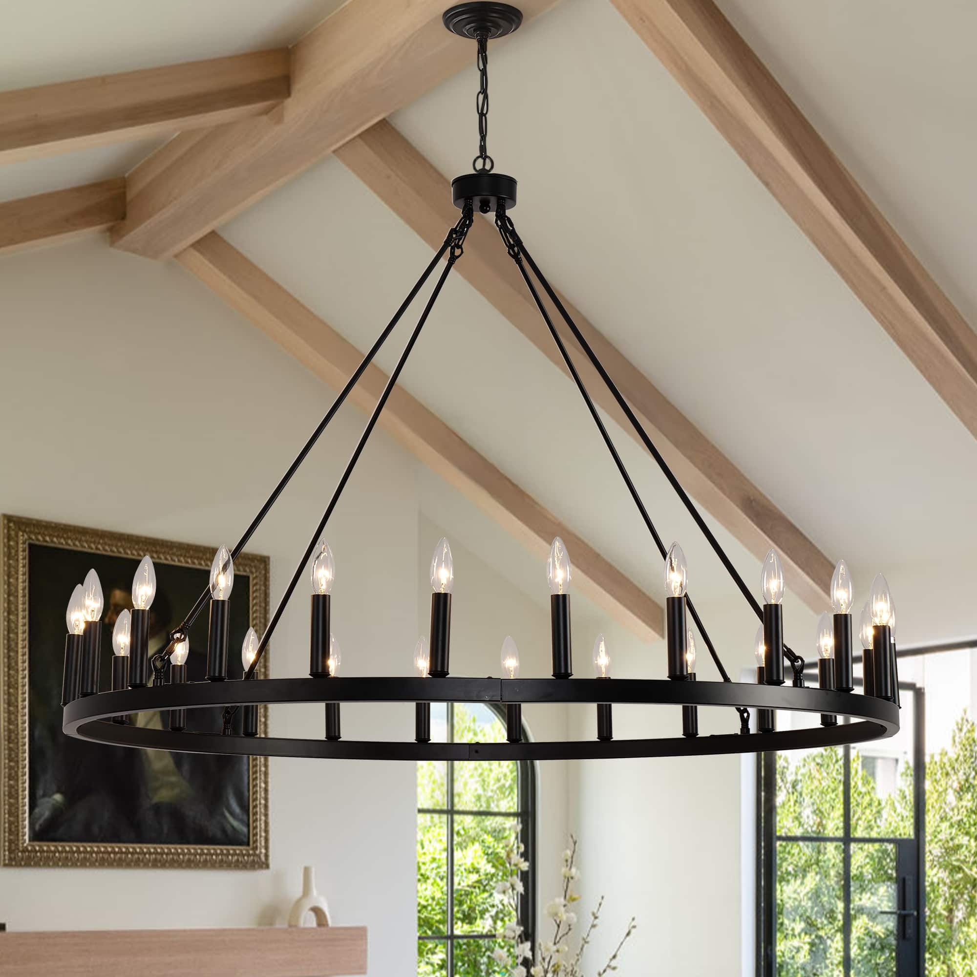 Front. RYHNUYNE - 48" Farmhouse Wagon Wheel Chandelier 24-Light Round Large Pendant Light Fixture Black Metal Chandelier for Porch Barn - Black.