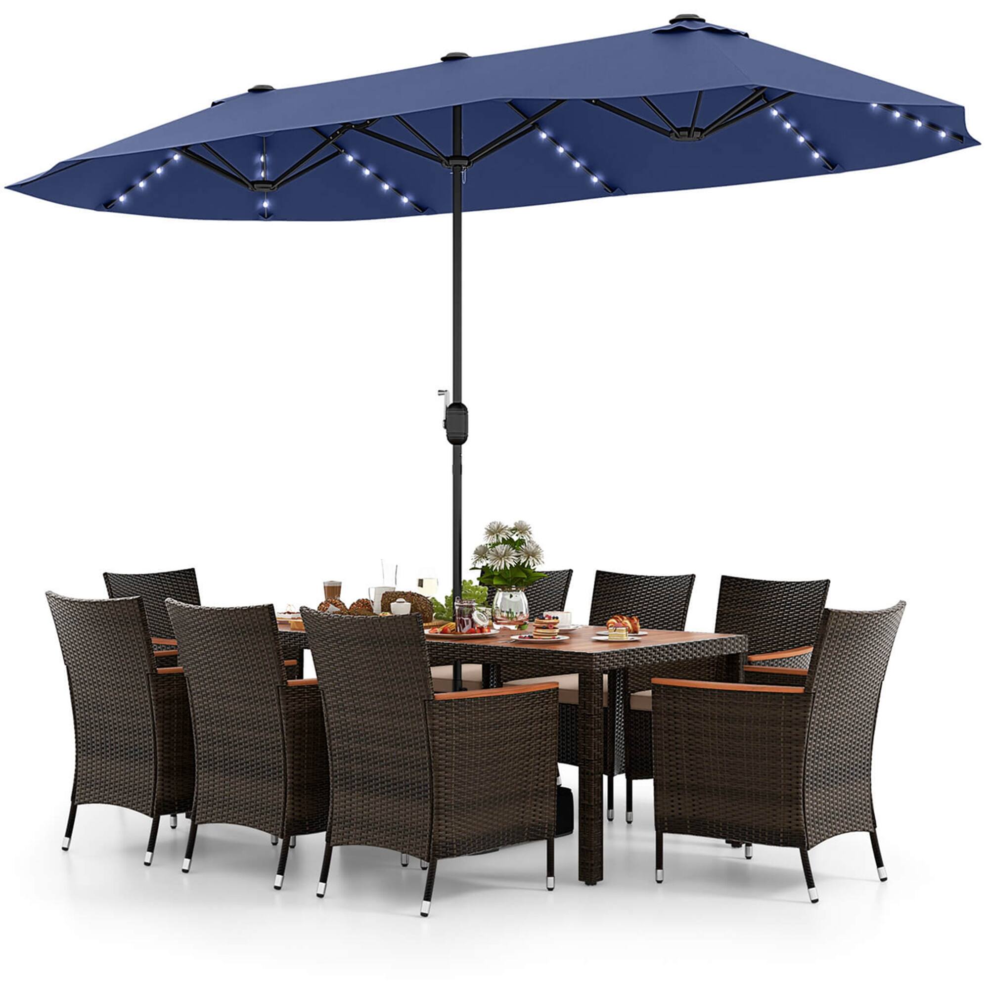Alt View 10. Costway - 11 PCS Patio Dining Set with 15ft Double-Sided Patio Umbrella (Base Included) - Mix Brown + Navy.