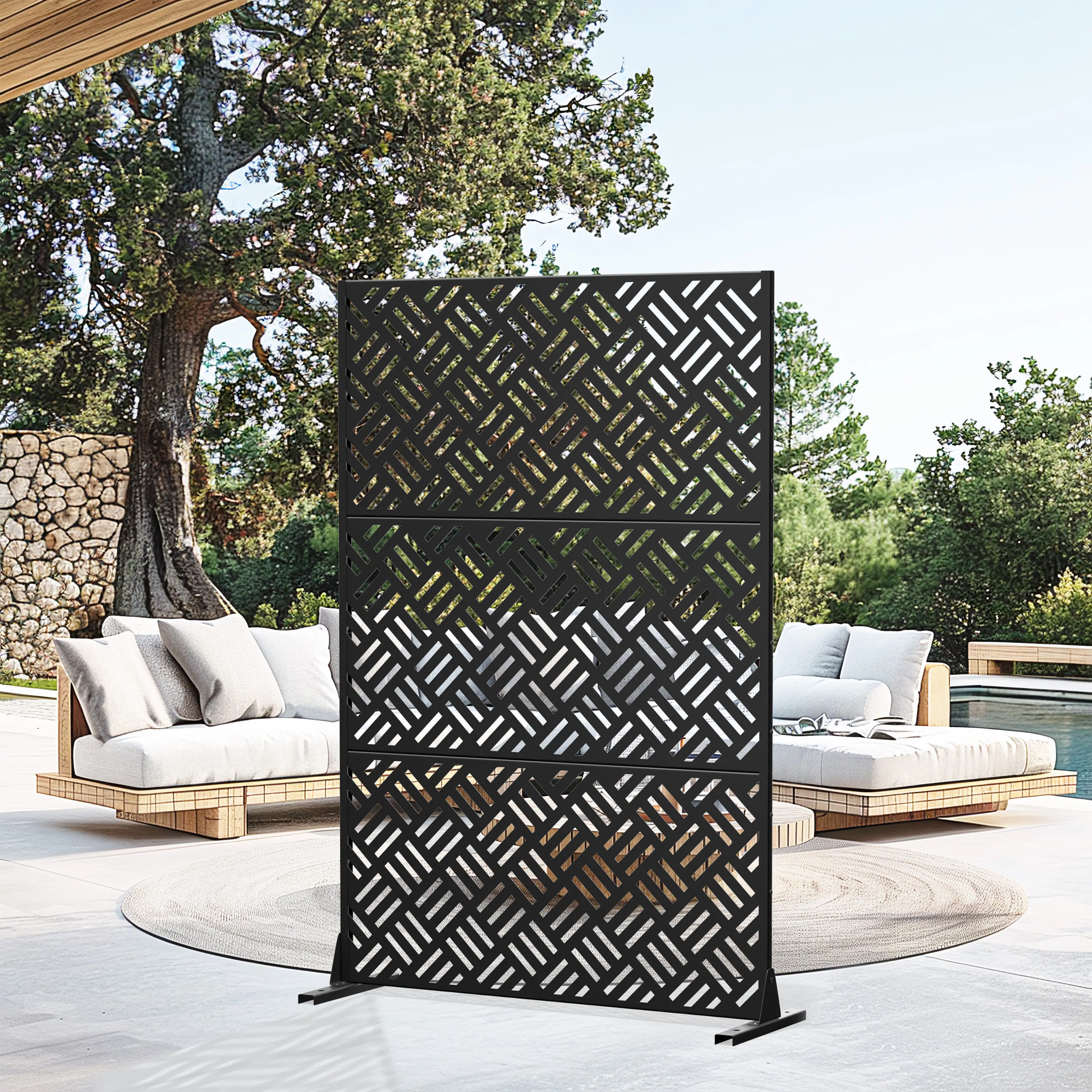 Front. PexFix - 72 in. x 47 in. Carl Pattern Metal Outdoor Privacy Screen & Panels, Freestanding Garden Divider Fence - Black.