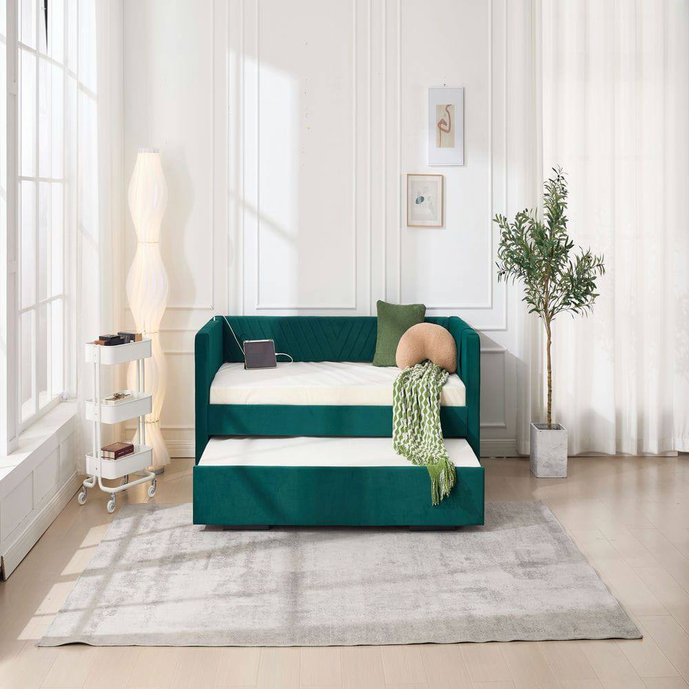 Alt View 2. Kadyn - Twin Upholstered Daybed with Trundle, USB Port & Side Pockets, Modern V-Grain Backrest, No Box Spring - Green.