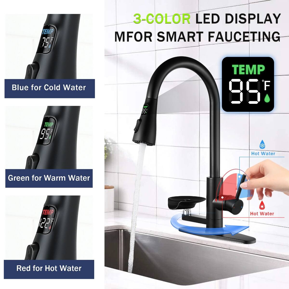 3-COLOR LED DISPLAY FOR SMART FAUCETING

Blue for Cold Water

Green for Warm Water

Red for Hot Water

TEMP 75°F

TEMP 95°F

TEMP 122°F