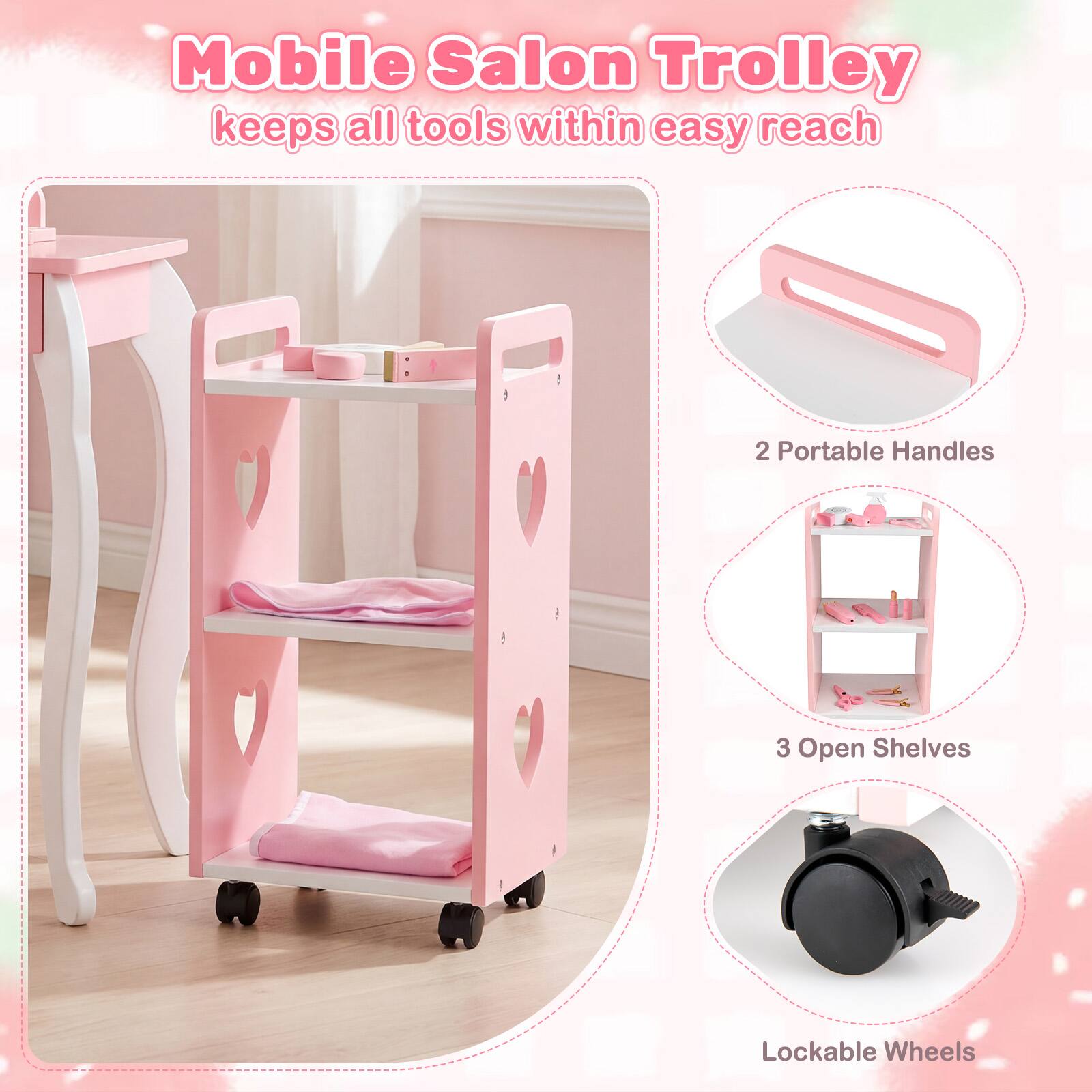 Mobile Salon Trolley keeps all tools within easy reach

- 2 Portable Handles
- 3 Open Shelves
- Lockable Wheels