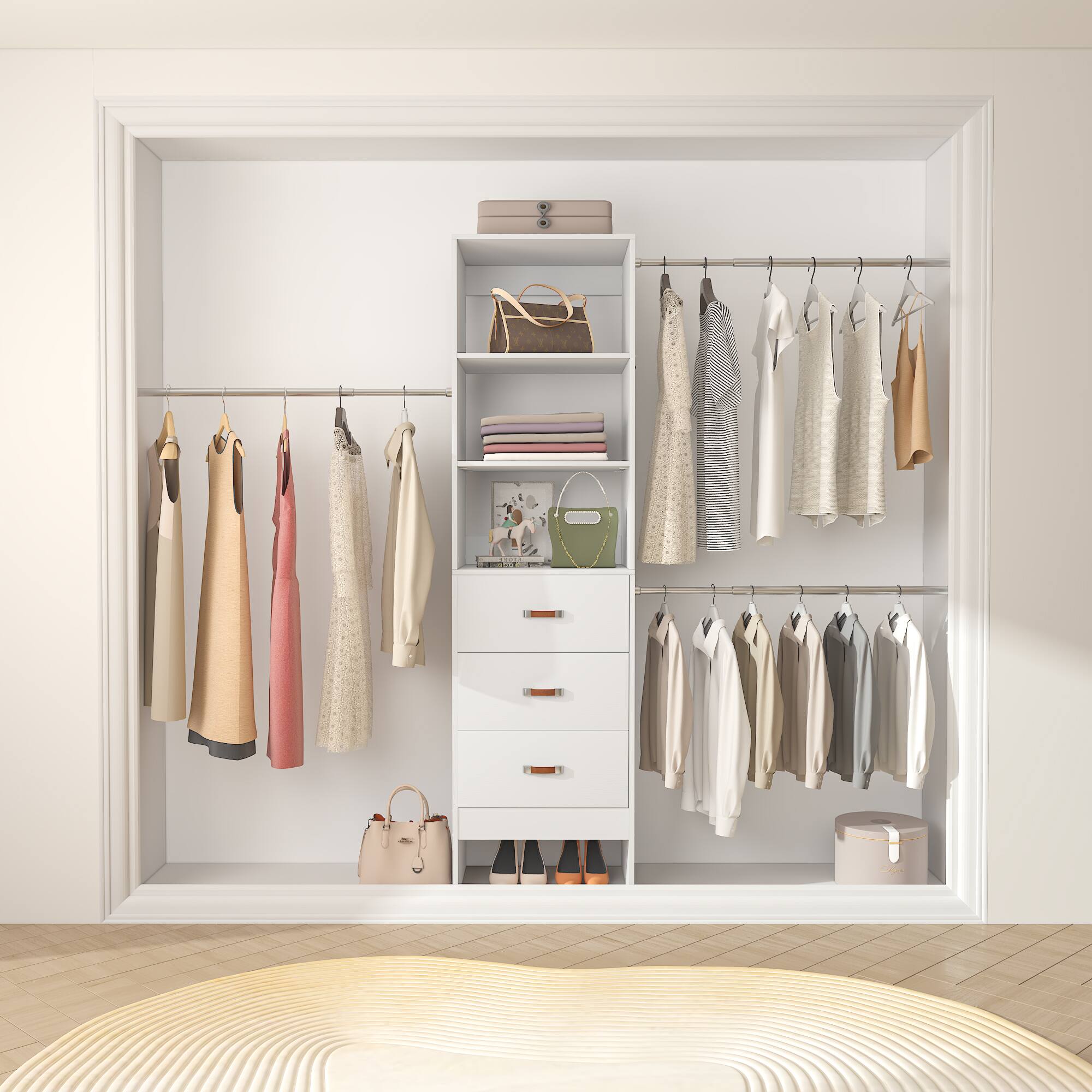 Back. Aheaplus - 96-inch Closet System: 3 Hanging Rods & 3 Wooden Drawers, Adjustable for 5-8FT Walk-in Wardrobe - White.