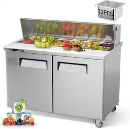 GARVEE - 48" Stainless Steel Sandwich Prep Table Refrigerator with 12 Pans 2 Door Commercial Food Prep Fridge for Restaurant - sliver