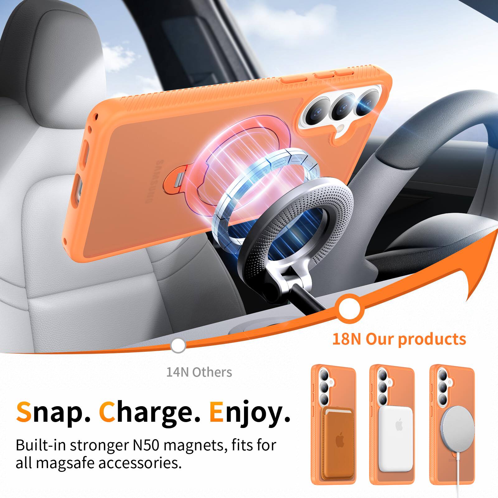 18N Our products  
14N Others  

Snap. Charge. Enjoy.  

Built-in stronger N50 magnets, fits for all mag safe accessories.