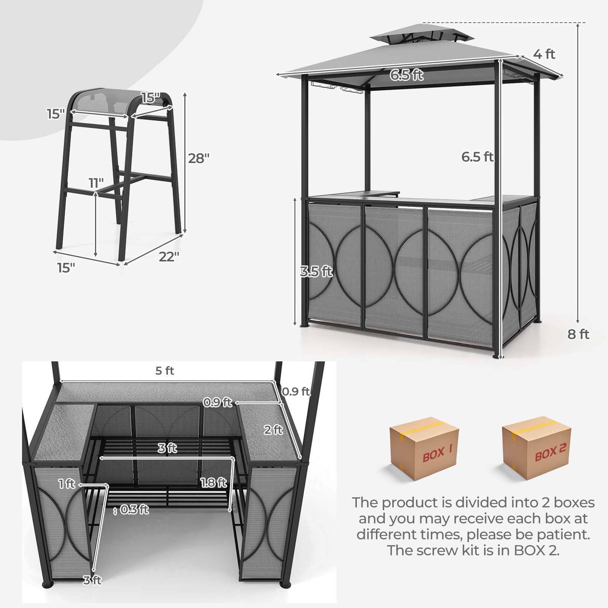 The image shows a metal structure with a mesh design, which is divided into two boxes. The product is divided into two boxes and you may receive each box at different times, please be patient. The screw kit is in BOX 2. The image also includes a table and chairs, with a bench and a dining table. The table and chairs are placed in the background, while the bench is located in the foreground. The dining table is situated in the middle of the scene.