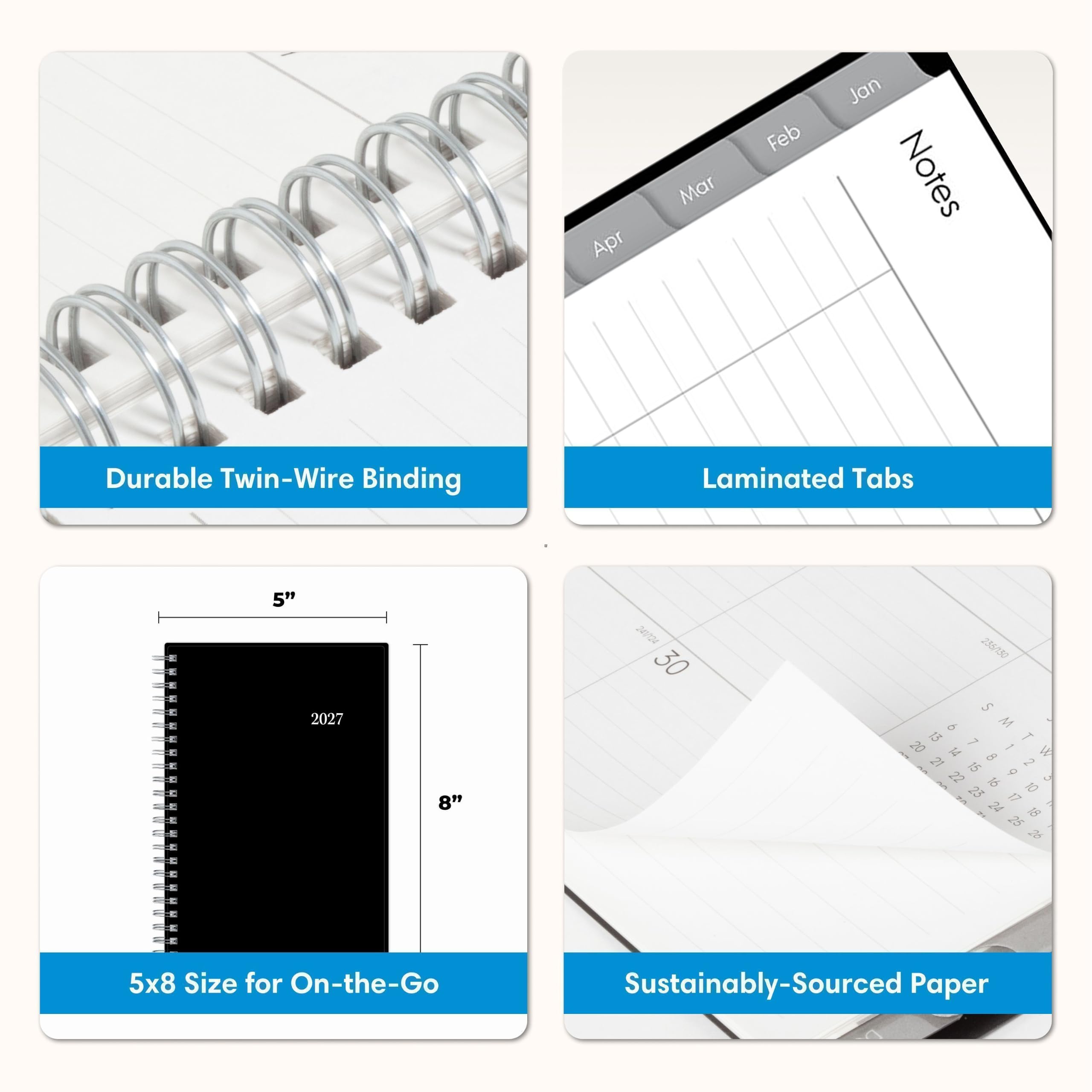 - Durable Twin-Wire Binding
- Laminated Tabs
- 5x8 Size for On-the-Go
- Sustainably-Sourced Paper