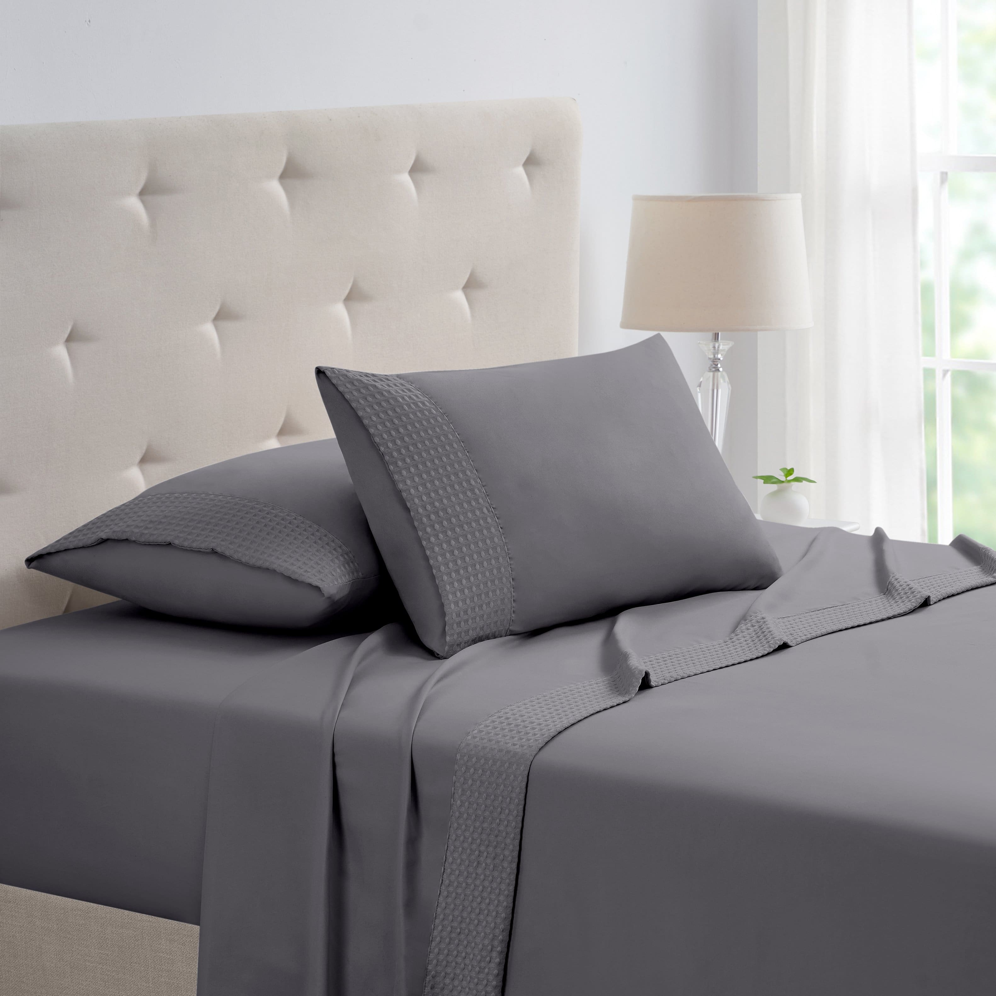 Kathy Ireland - 4 Piece Waffle Hem Sheet Set - Grey