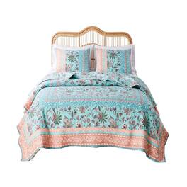 Greenland Home Fashions Barefoot Bungalow Audrey Quilt and Pillow Sham Set - King 105x95" - Turquoise