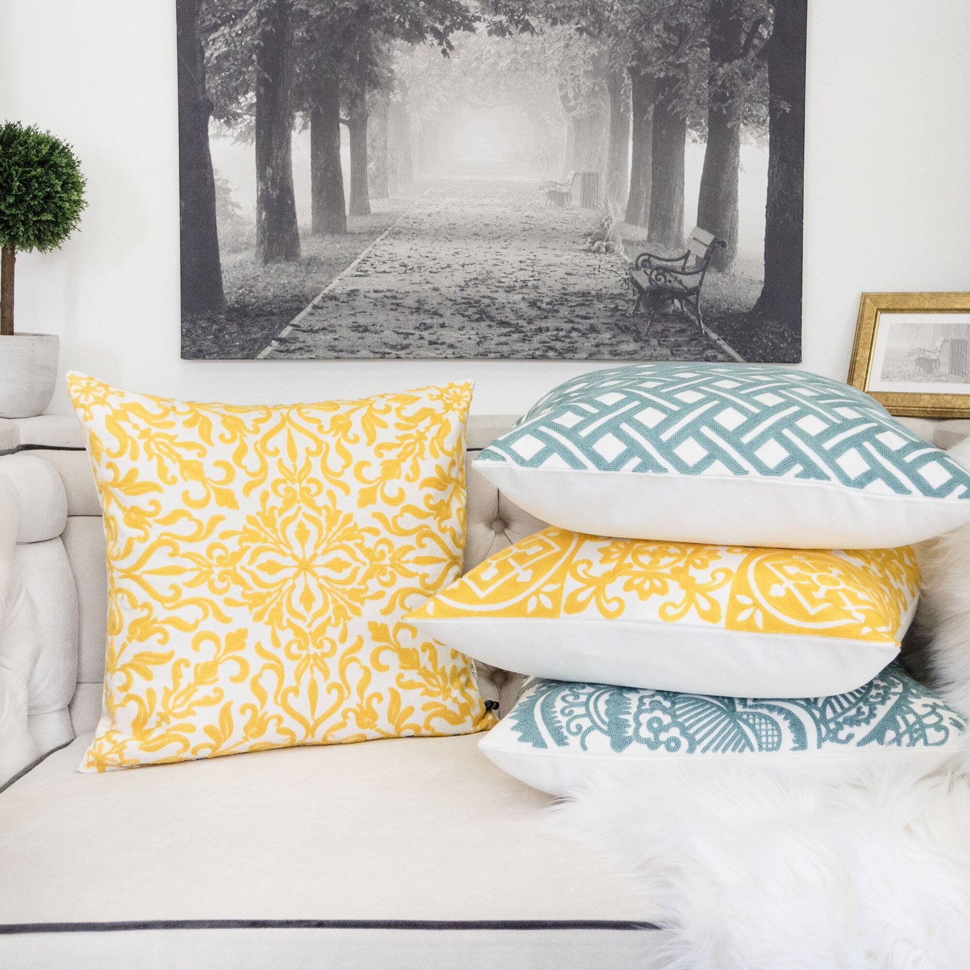 Left. LuXeo - 2-Pack Square Cotton Pillow Cover & Insert, Size: 18" x 18" - SUNSHINE.