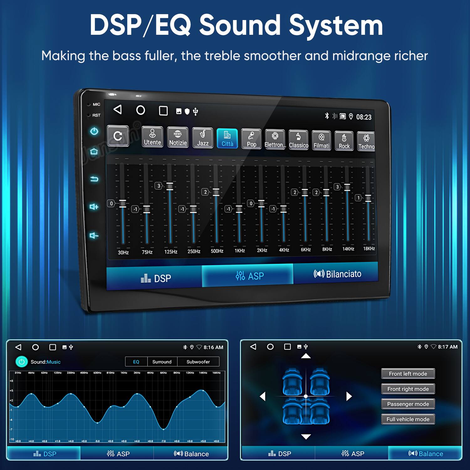 DSP/EQ Sound System  
Making the bass fuller, the treble smoother and midrange richer  

MIC RST  
Utente Notizie & Città Jazz Pop Elettronico Classico Filmati Rock Techno  

08:23  

30Hz 75Hz 125Hz 250Hz 500Hz 1KHz 2KHz 4KHz 5KHz 14KHz 18KHz  

DSP ASP Bilanciato  

8:16 AM 8:17 AM  

Sound-Music to Surround Subwoofer  

Front left mode  
Front right mode  
Passenger mode  
Full vehicle mode  

DSP ASP Balance