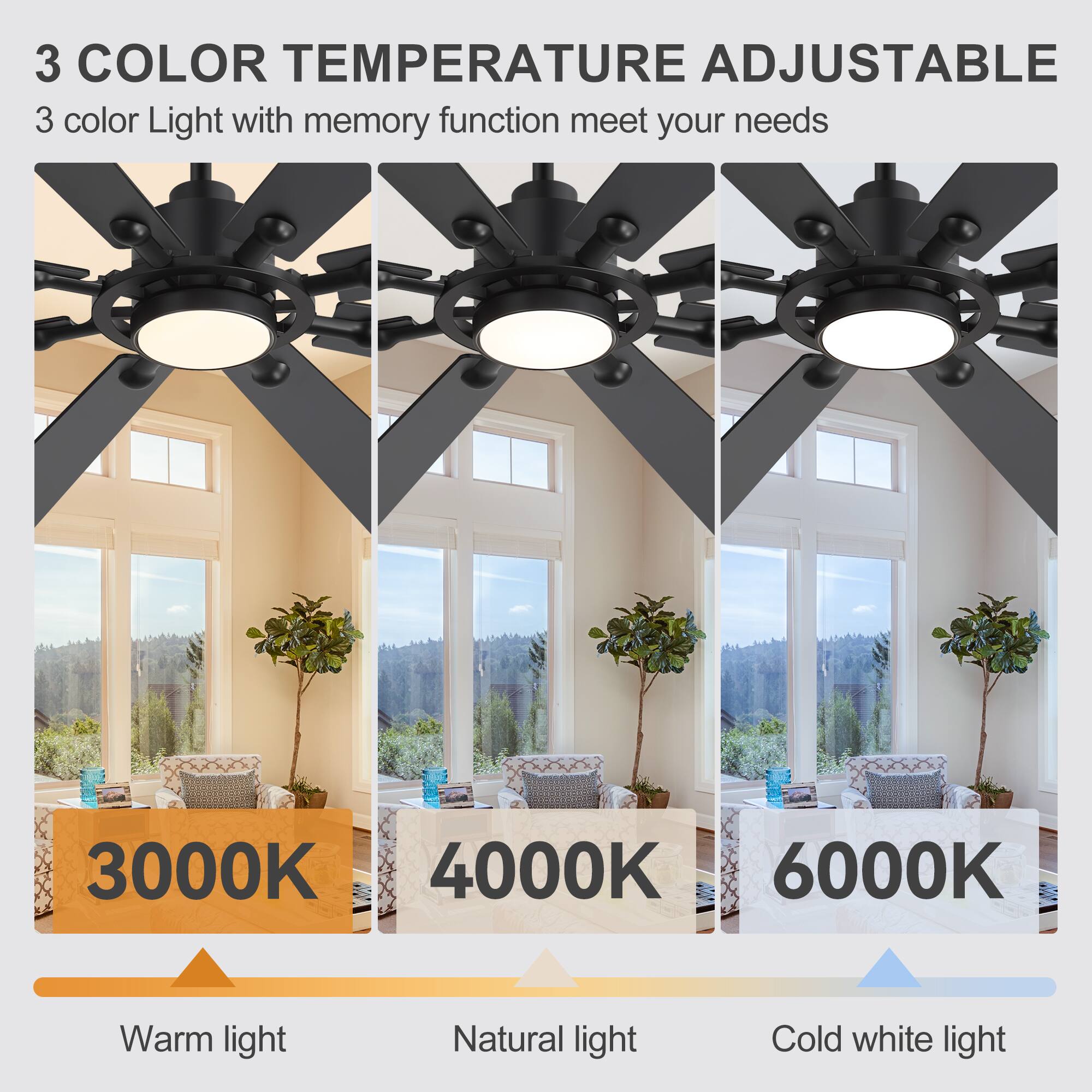 3 COLOR TEMPERATURE ADJUSTABLE  
3 color Light with memory function meet your needs  
3000K Warm light  
4000K Natural light  
6000K Cold white light