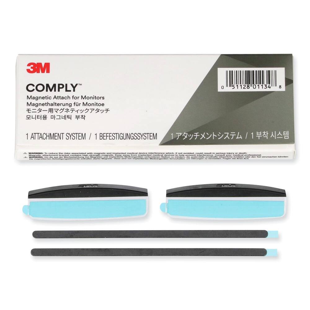 3M COMPLY™  
Magnetic Attach for Monitors  
Magnetehalterung für Monitore  
モニター用マグネットアタッチ  
모니터용 마그네트 부착  

1 ATTACHMENT SYSTEM / 1 BEFESTIGUNGSSYSTEM / 1 애태칭 시스템 / 1 부착 시스템  

WARNING: To reduce the risk associated with magnets and implanted medical devices interference which, if not avoided, could result in serious injury or death.  
AVERTISSEMENT: Limitez l'exposition aux aimants et aux dispositifs médicaux implantés pour éviter les interférences qui peuvent causer des blessures graves ou la mort.  
ADVERTENCIA: Limitar la exposición a los imanes y dispositivos médicos implantados para evitar las interferencias que pueden causar lesiones graves o la muerte.  
ADVERTENCIA: Limitar la exposición a los imanes y dispositivos médicos implantados para evitar las interferencias que pueden causar lesiones graves o la muerte.  
ADVERTENCIA: Limitar la exposición a los imanes y dispositivos médicos implantados para evitar las interferencias que
