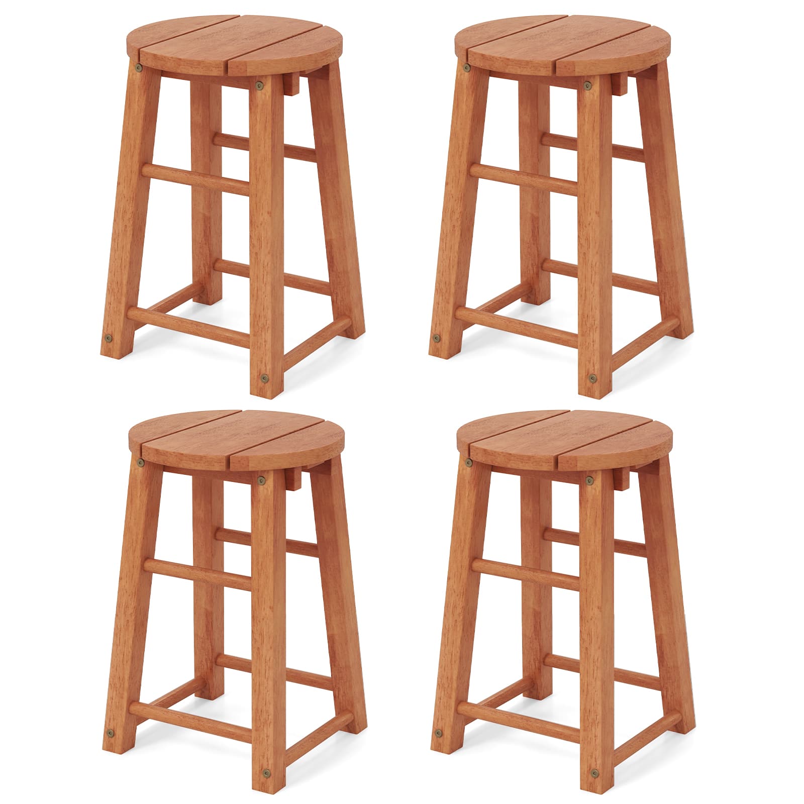Gymax - Outdoor Wood Bar Stools Set of 4 w/Round Seat Footrest Patio Backless Barstools - Natural
