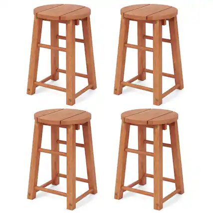 Front. Gymax - Gymax Outdoor Wood Bar Stools Set of 4 w/Round Seat Footrest Patio Backless Barstools - Natural.
