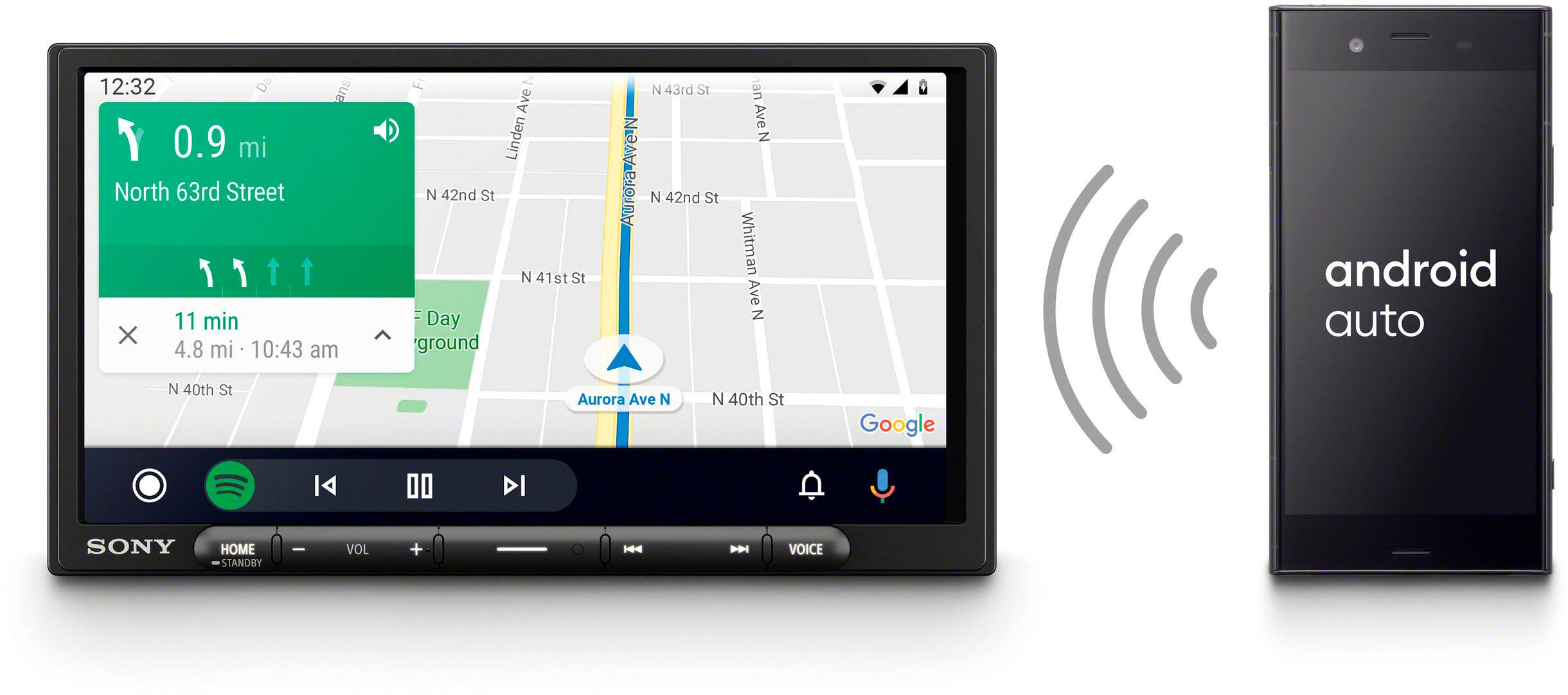 The text on the image reads:

12:32 Da ans 0.9 mi North 63rd Street 1 1 11 min X 4.8 mi 10:43 am F Z Ave Linden N 42nd St N 41st St E Day ground Ave N Aurora Ave N N 43rd St N 42nd St nan Ave z Whitman Ave z android auto N 40th St Aurora Ave N N 40th St Google 4 00 DI SONY HOME STANDBY | VOL + | - VOICE