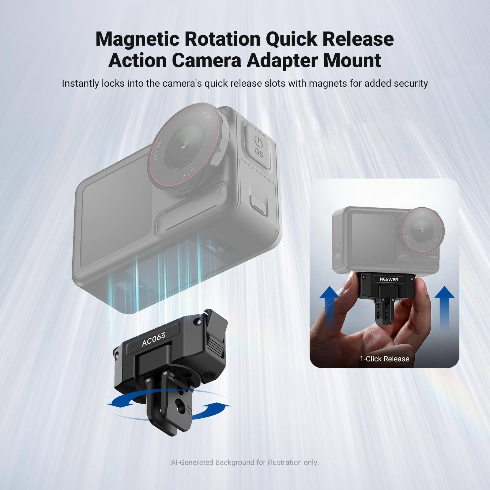 Magnetic Rotation Quick Release Action Camera Adapter Mount  
Instantly locks into the camera's quick release slots with magnets for added security  

F28  
FOY  
1/13  
as  
NEEWER  
AC063  
1-Click Release  

AI-Generated Background for illustration only.