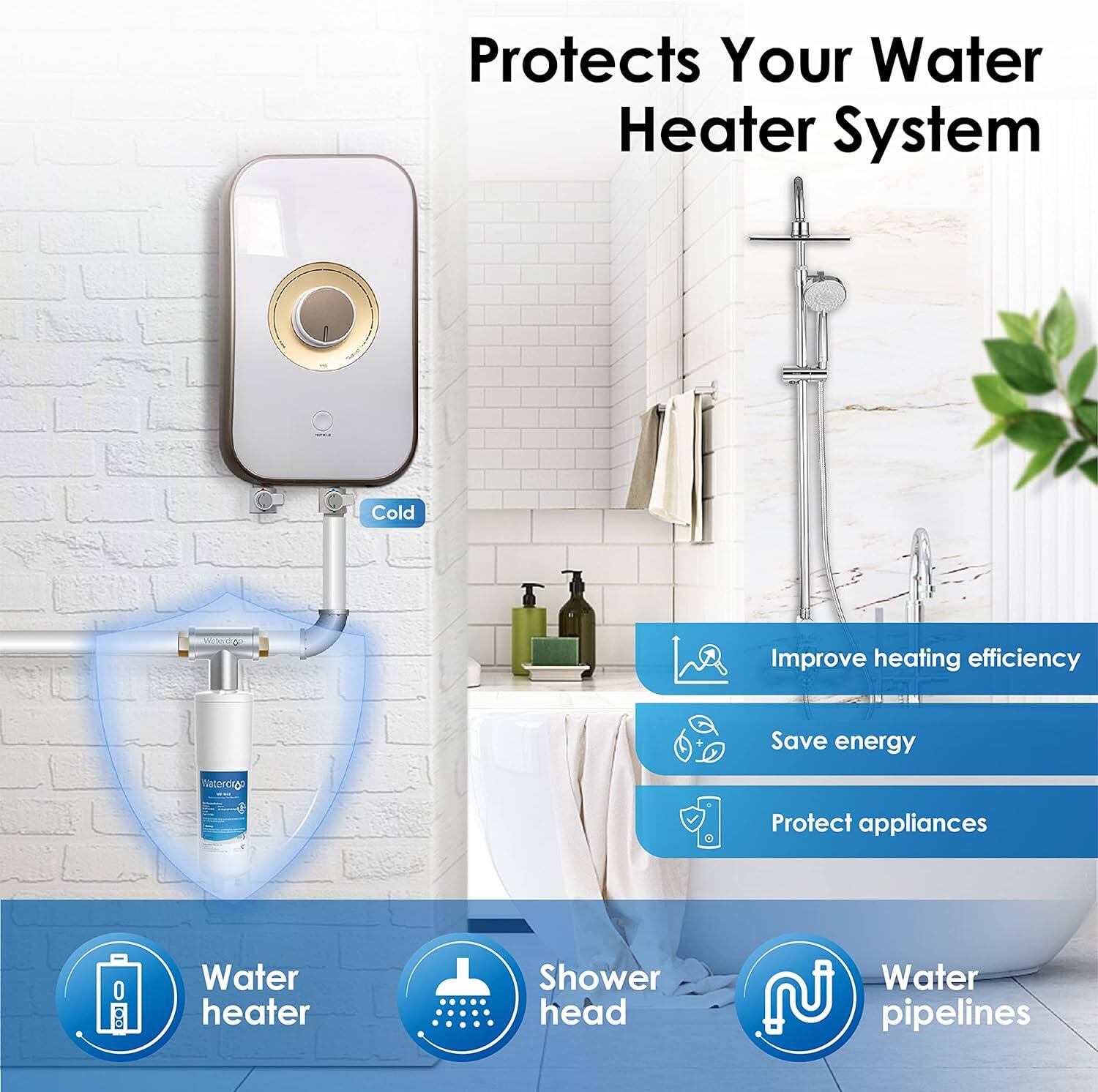 Protects Your Water Heater System, Cold, Improve heating efficiency, Save energy, Protect appliances, Water heater, Shower head, Water pipelines