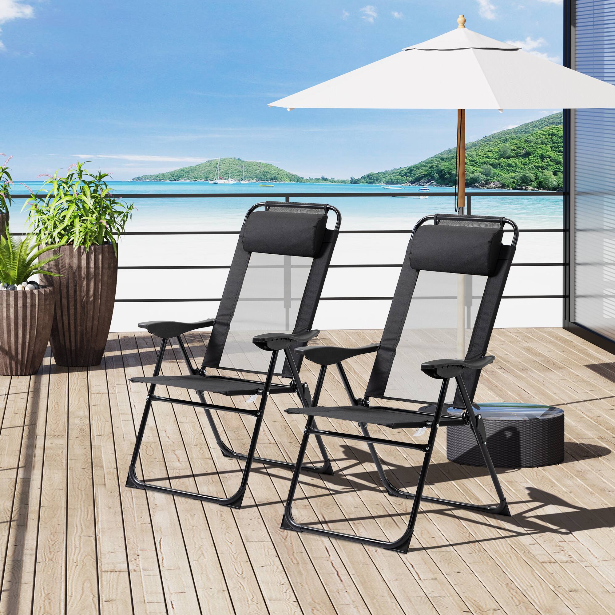 Alt View 1. Outsunny - Folding Patio Dining Chairs Set of 2, Outdoor Deck Chair with Adjustable Sling Back, Camping Chair - Black.