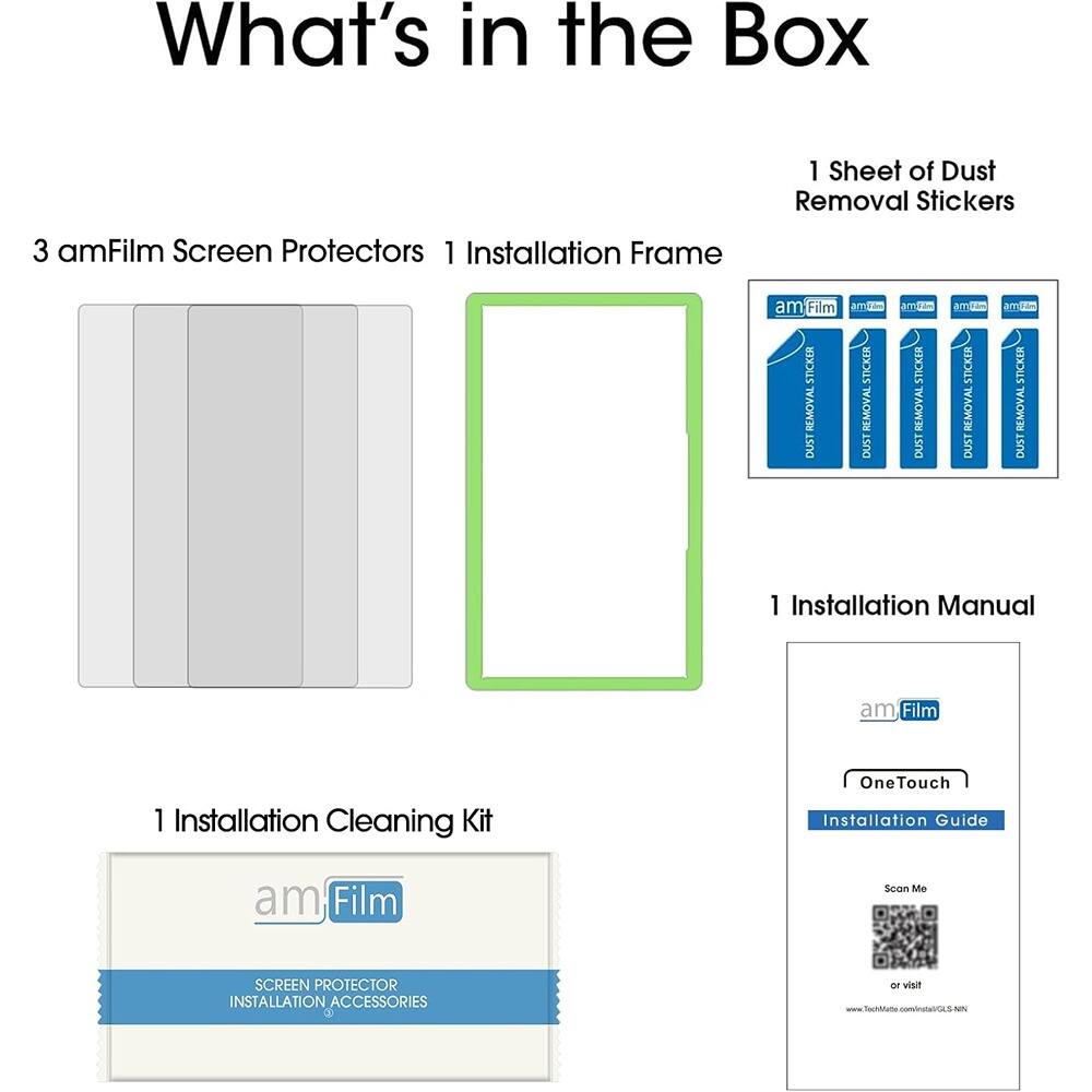 What's in the Box

- 3 amFilm Screen Protectors
- 1 Installation Frame
- 1 Sheet of Dust Removal Stickers
- 1 Installation Manual
- 1 Installation Cleaning Kit

SCREEN PROTECTOR INSTALLATION ACCESSORIES

OneTouch Installation Guide

Scan Me or visit www.amFilm.com/mateasn