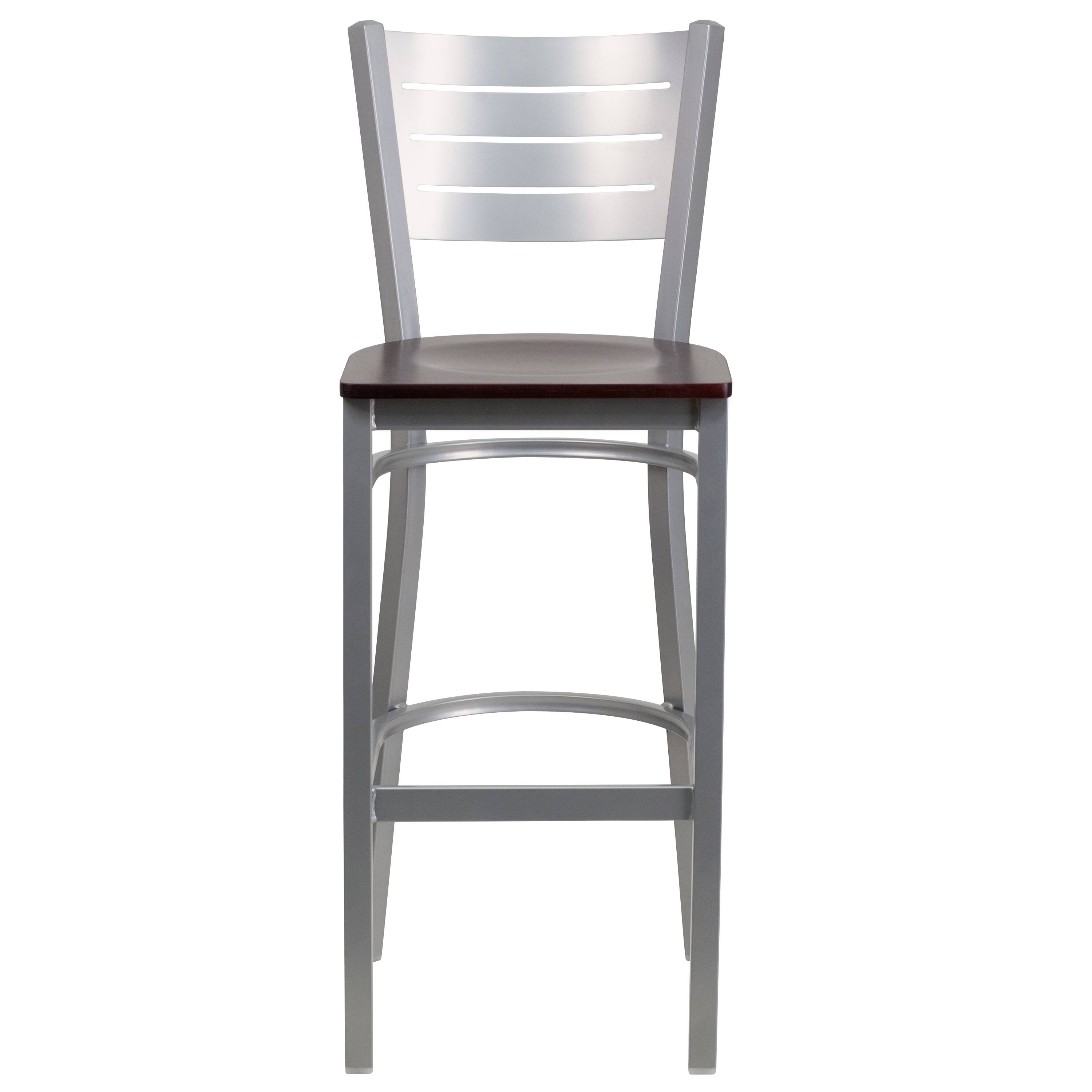 Alt View 5. Emma + Oliver - Silver Slat Back Metal Restaurant Dining Barstool - Mahogany Wood Seat/Silver Frame.