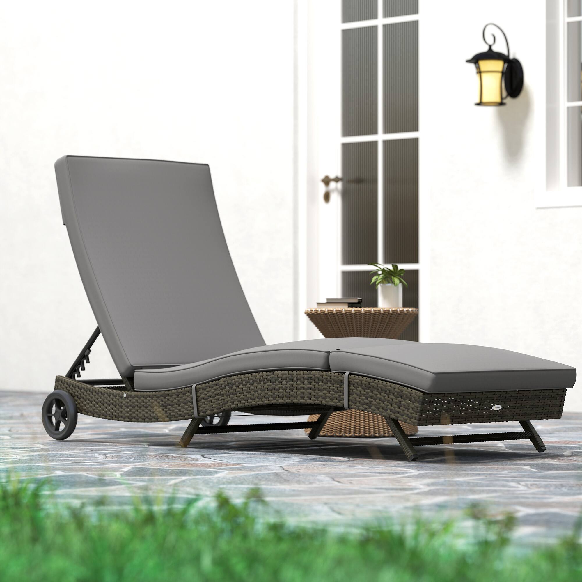 Alt View 7. Outsunny - Wicker Chaise Lounge Chair Outdoor with Wheels & Cushion, PE Rattan Patio Lounge Chair with 5-Level Adjustable Backrest - Gray.