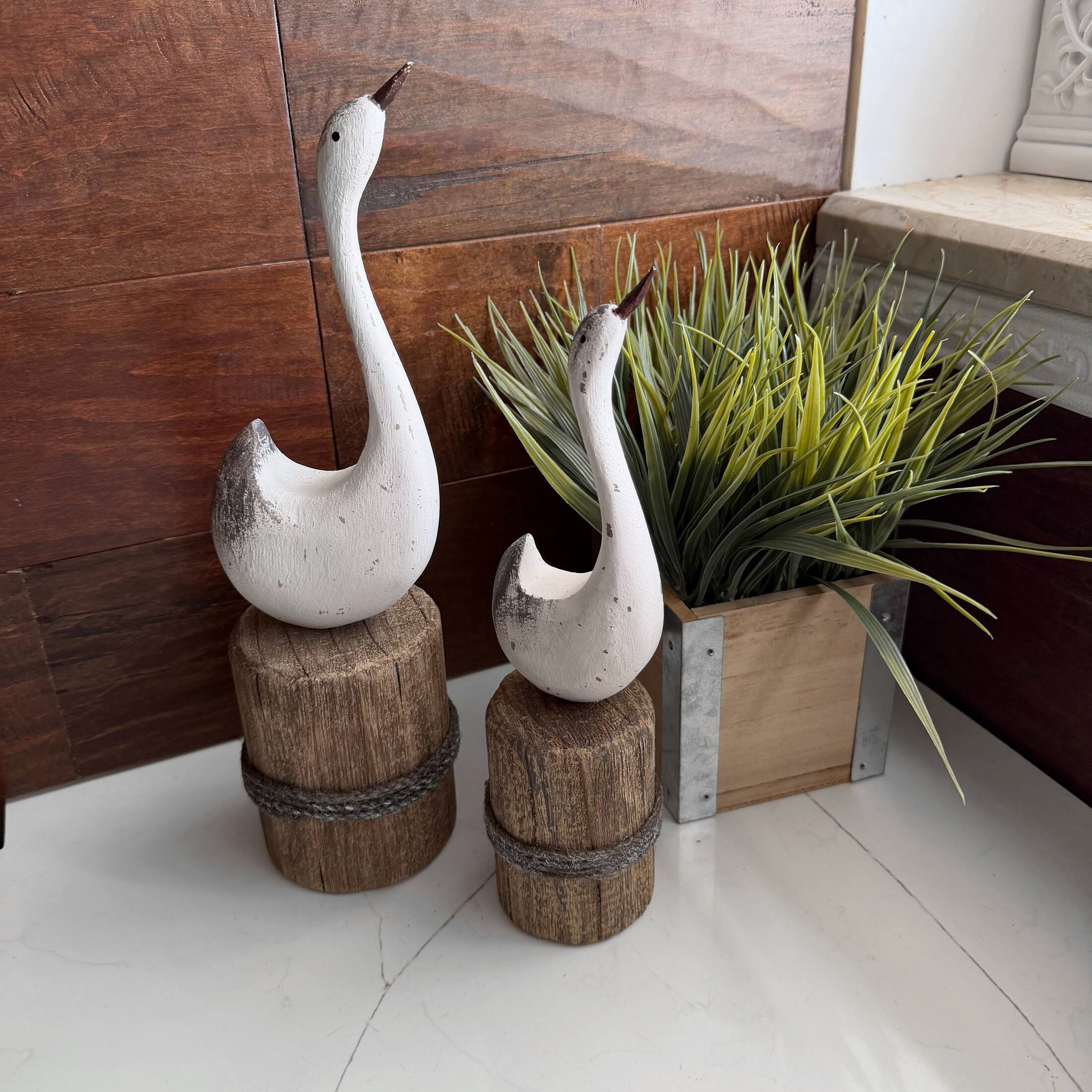 Alt View 6. Things2Die4 - Distressed White Wood Swan Statues Set of 2 Nautical Dock Piling Shelf Decor - White.