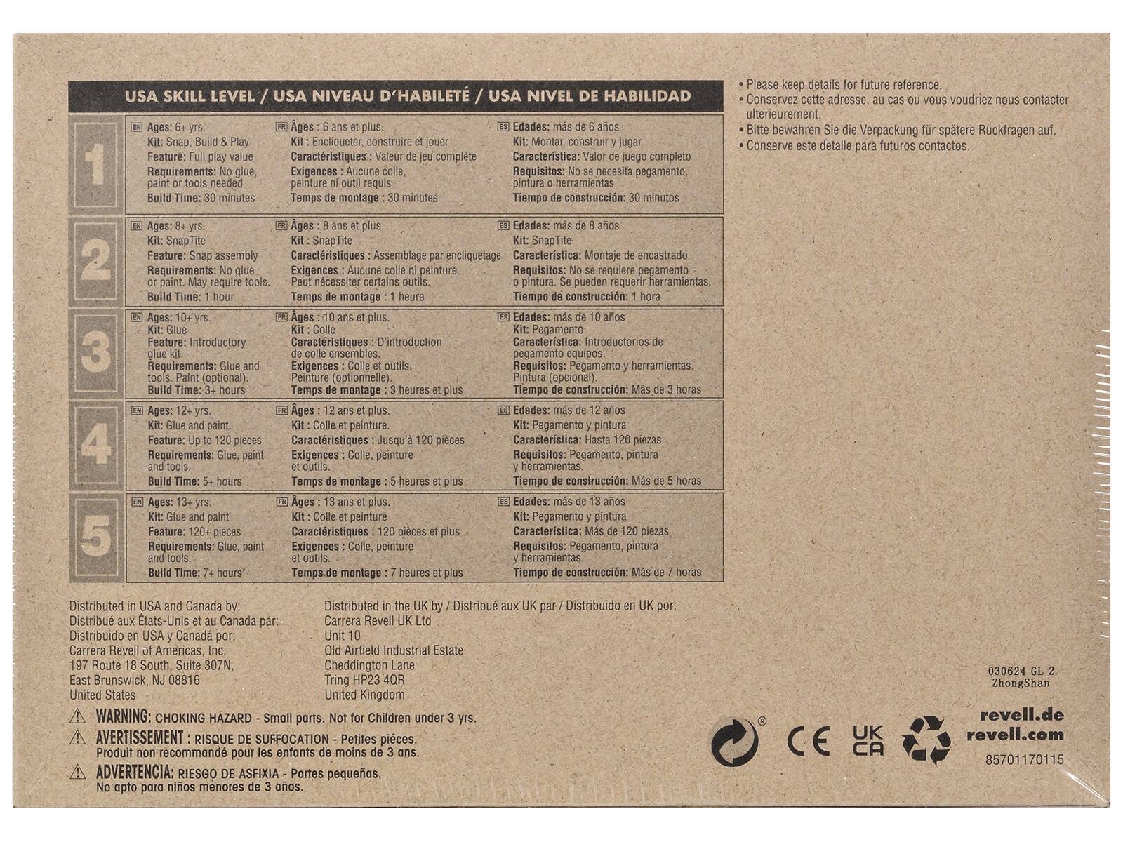 **USA SKILL LEVEL / USA NIVEAU D'HABILITÉ / USA NIVEL DE HABILIDAD**

1. **Ages: 6 yrs.**  
   - Kit: Snap. Build & Play  
   - Feature: Full play value  
   - Requirements: No glue, paint or tools needed  
   - Build Time: 30 minutes  
   - Edades: más de 6 años  
   - Kit: Montar, construir y jugar  
   - Características: Valor de juego completo  
   - Requisitos: No se necesita pegamento, pintura o herramientas  
   - Tiempo de construcción: 30 minutos  

2. **Ages: 8 yrs.**  
   - Kit: SnapTite  
   - Feature: Snap assembly  
   - Requirements: No glue or paint. May require tools  
   - Build Time: 1 hour  
   - Edades: más de 8 años  
   - Kit: SnapTite  
   - Características: Montaje encastrado  
   - Requisitos: No se requiere pegamento o pintura. Se puede requerir herramientas  
   - Tiempo de construcción: 1