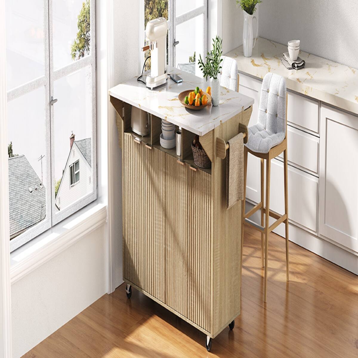 Left. Loheer - 55.5 inch fluted kitchen island with 2 drop leaf, faux marble top kitchen island, rolling kitchen cart with power outlet - Natural.