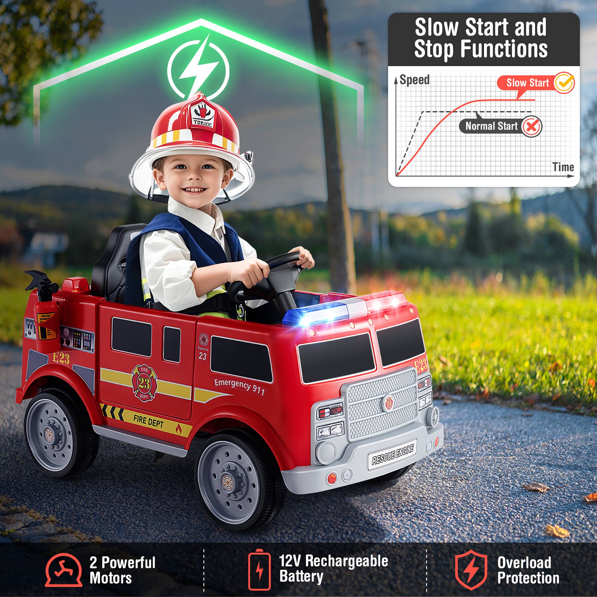 Slow Start and Stop Functions

Speed
Slow Start ✔️
Normal Start ❌
Time

2 Powerful Motors

12V Rechargeable Battery

Overload Protection

Emergency 911

FIRE DEPT

E23

23