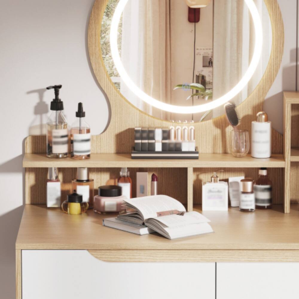 Alt View 4. LUCKY ONE - Vanity Desk with 3-Color Adjustable Lighted Mirror, 4 Drawers and 3 Shelves for Small Bedroom - Ameican White Oak.