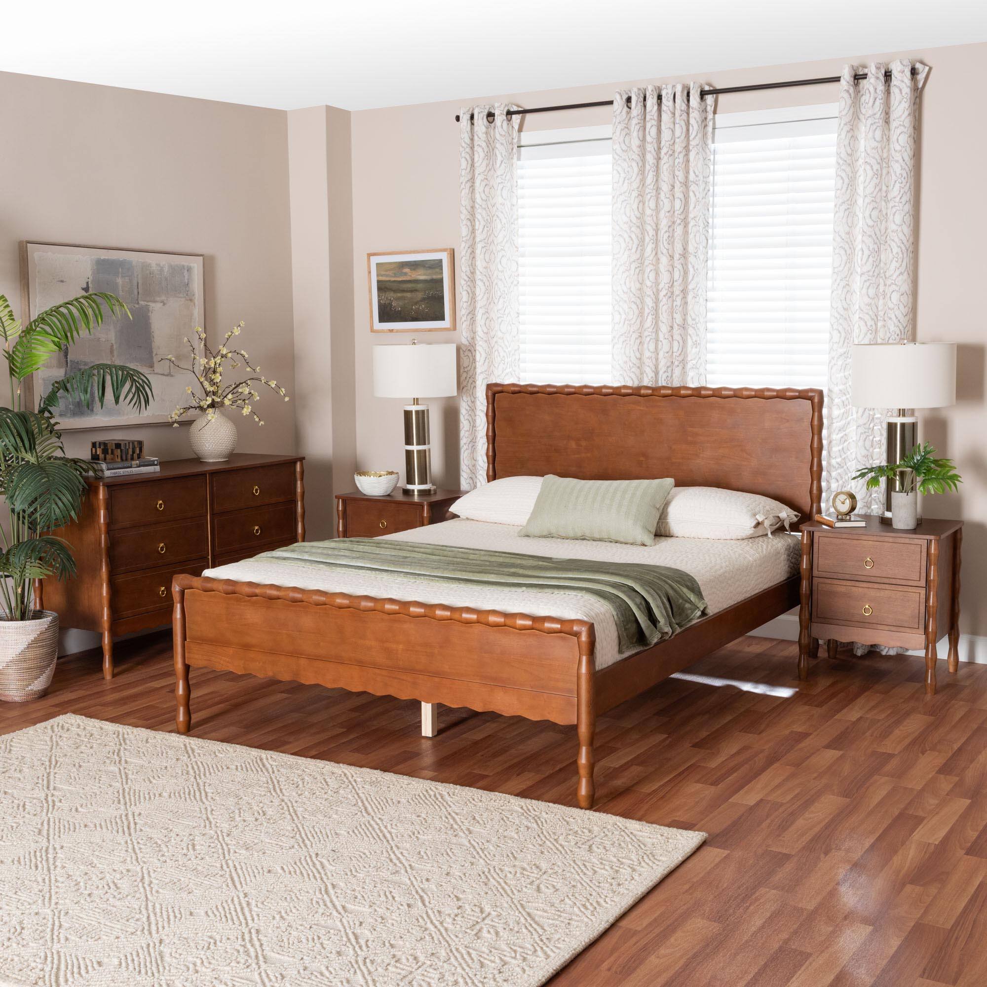 Alt View 7. Baxton Studio - Seamus 4-Piece Bedroom Set with 2 Nightstands, Queen - Walnut Brown.