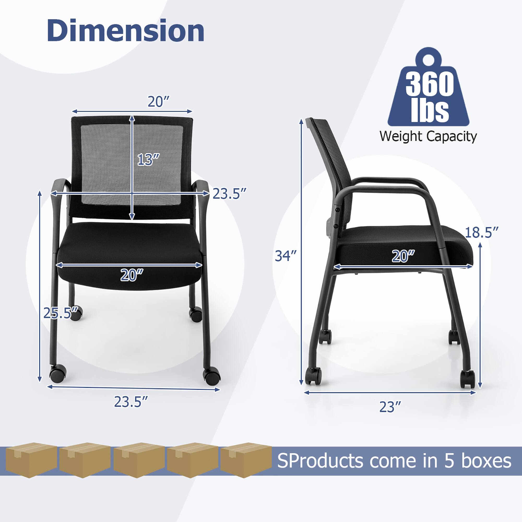 Dimension  
20" x 13" x 23.5" x 20" x 25.5" x 23.5"  
Weight Capacity 360 lbs  
34" x 18.5" x 20" x 23"  

Products come in 5 boxes