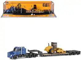 Kenworth T880 Tractor Blue Metallic with Trailer and CAT Padfoot Roller Yellow 1/87 (HO) Scale Model by Diecast Masters