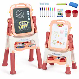 Costway - Kids Art Easel Height Adjustable with 22 Accessories and Red - Peach Fuzz