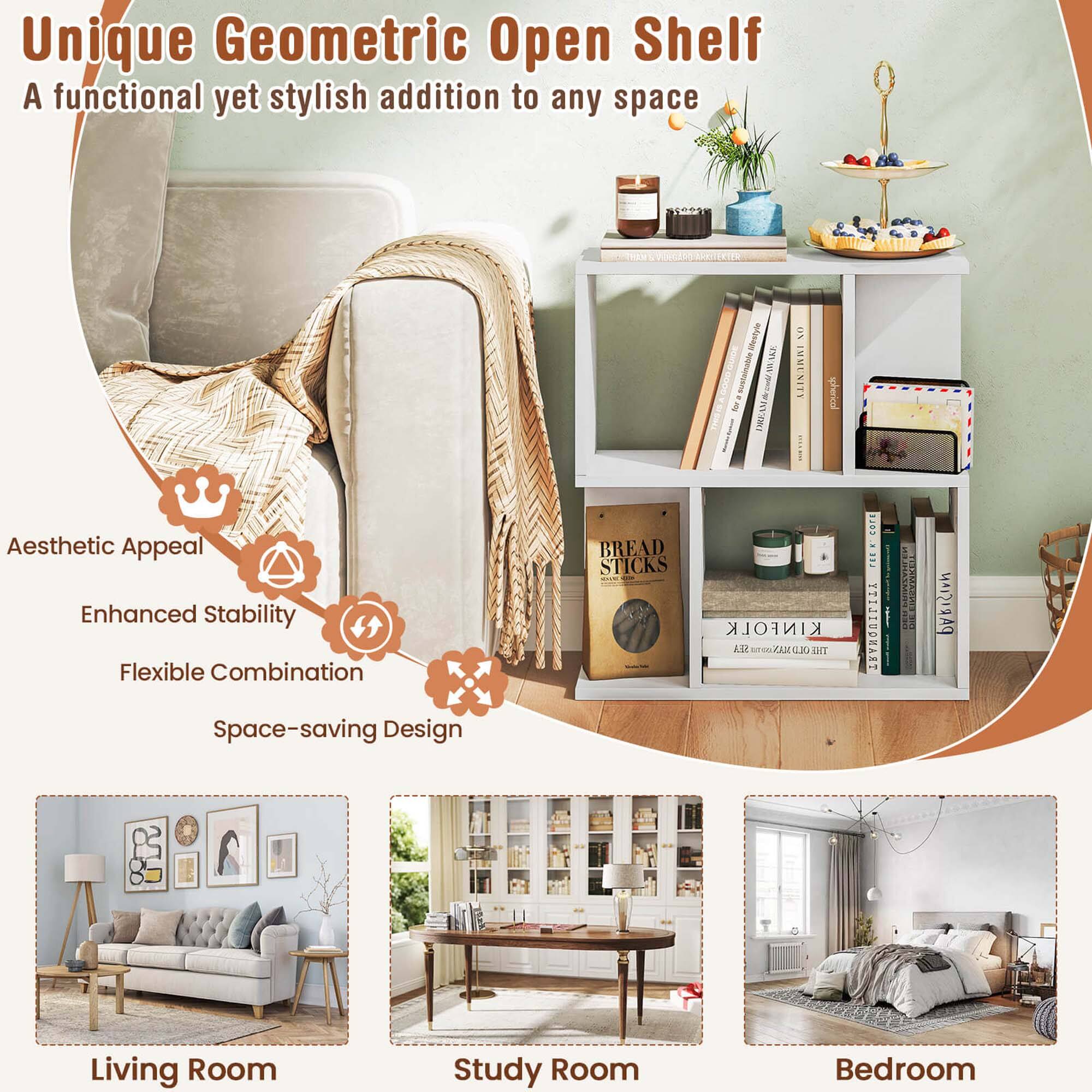 Unique Geometric Open Shelf: A functional yet stylish addition to any space.

Aesthetic Appeal: Enhanced Stability.
Flexible Combination: Space-saving Design.

Living Room:
Study Room:
Bedroom: