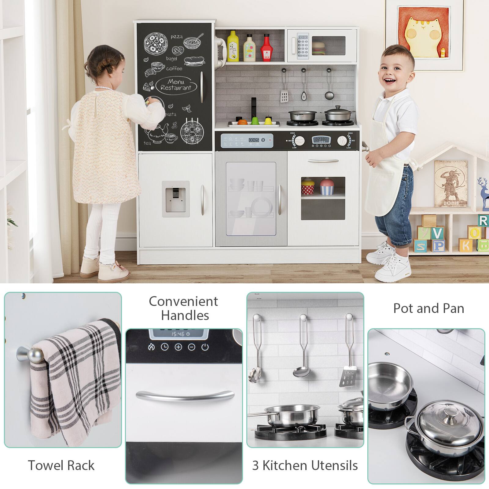 - 06 bagal coffee Menu Restaurant
- aa Nca adda I 62202
- S V P R 0

1. Convenient Handles
2. Towel Rack
3. Pot and Pan
4. 3 Kitchen Utensils