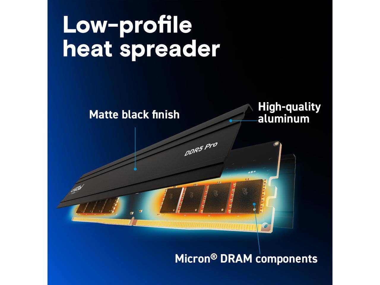 Low-profile heat spreader  
Matte black finish  
High-quality aluminum  
Micron® DRAM components