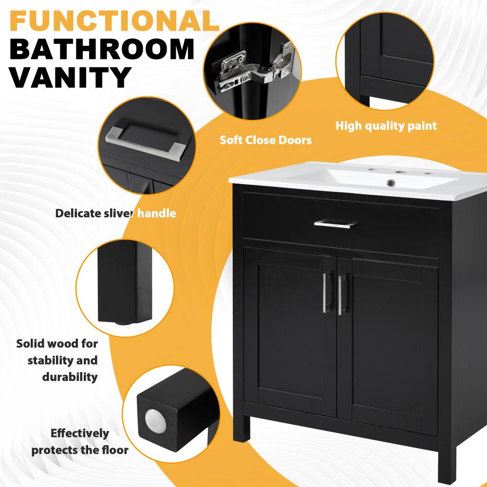 FUNCTIONAL BATHROOM VANITY  
- Soft Close Doors  
- High quality paint  
- Delicate silver handle  
- Solid wood for stability and durability  
- Effectively protects the floor
